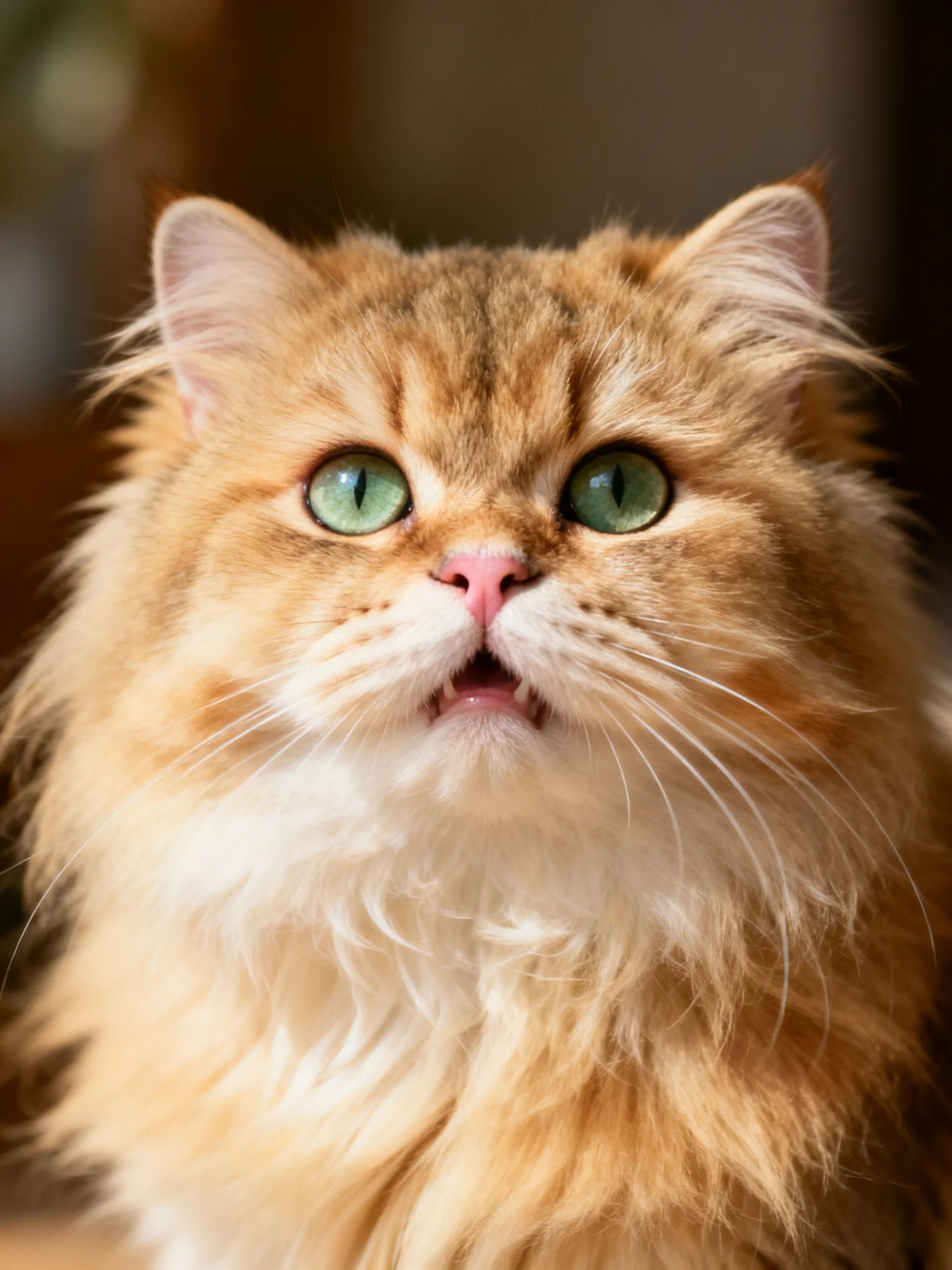 Fluffy orange cat with vibrant green eyes looks directly at the camera.