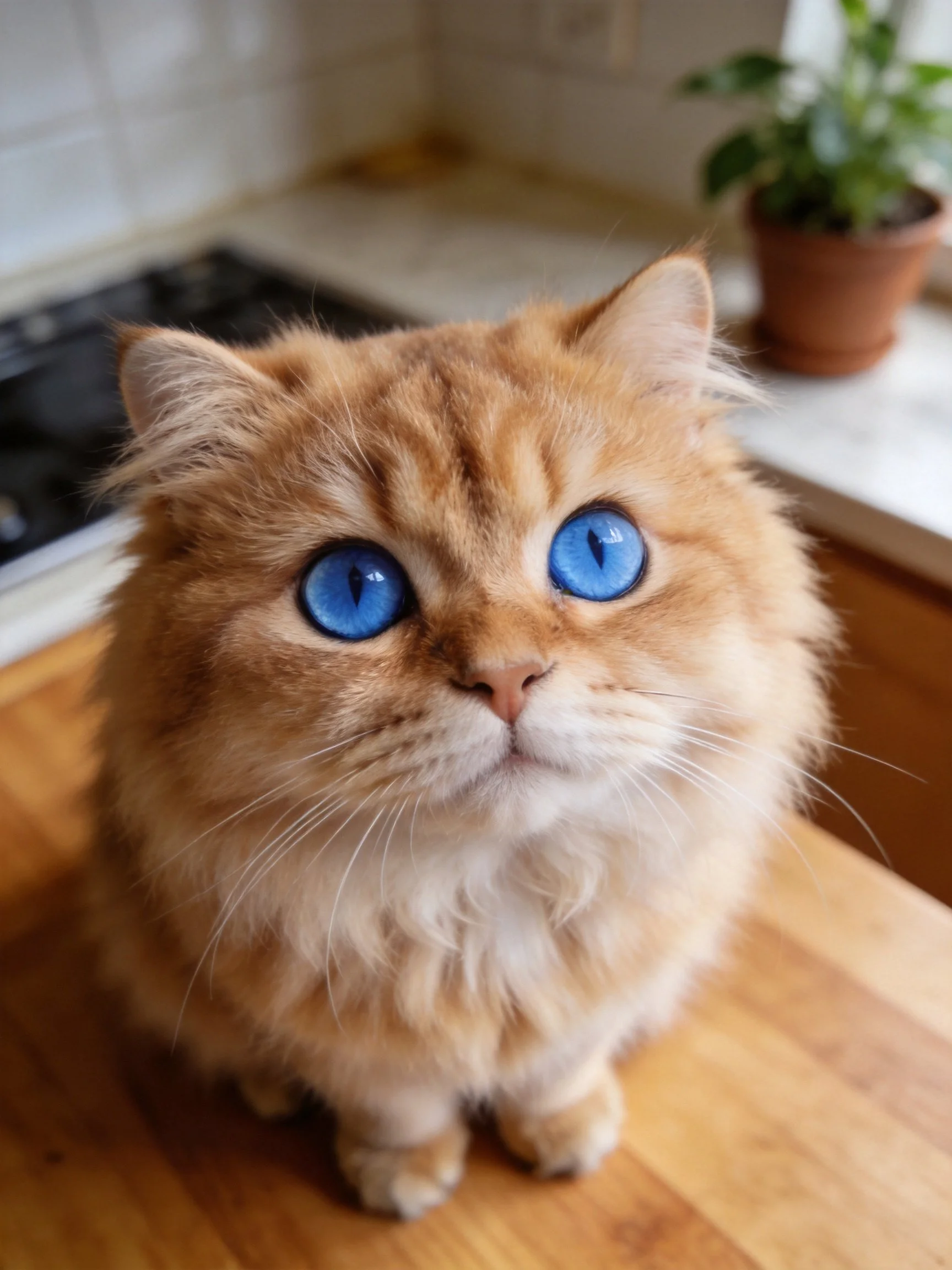 Fluffy orange cat with vivid blue eyes on wooden countertop