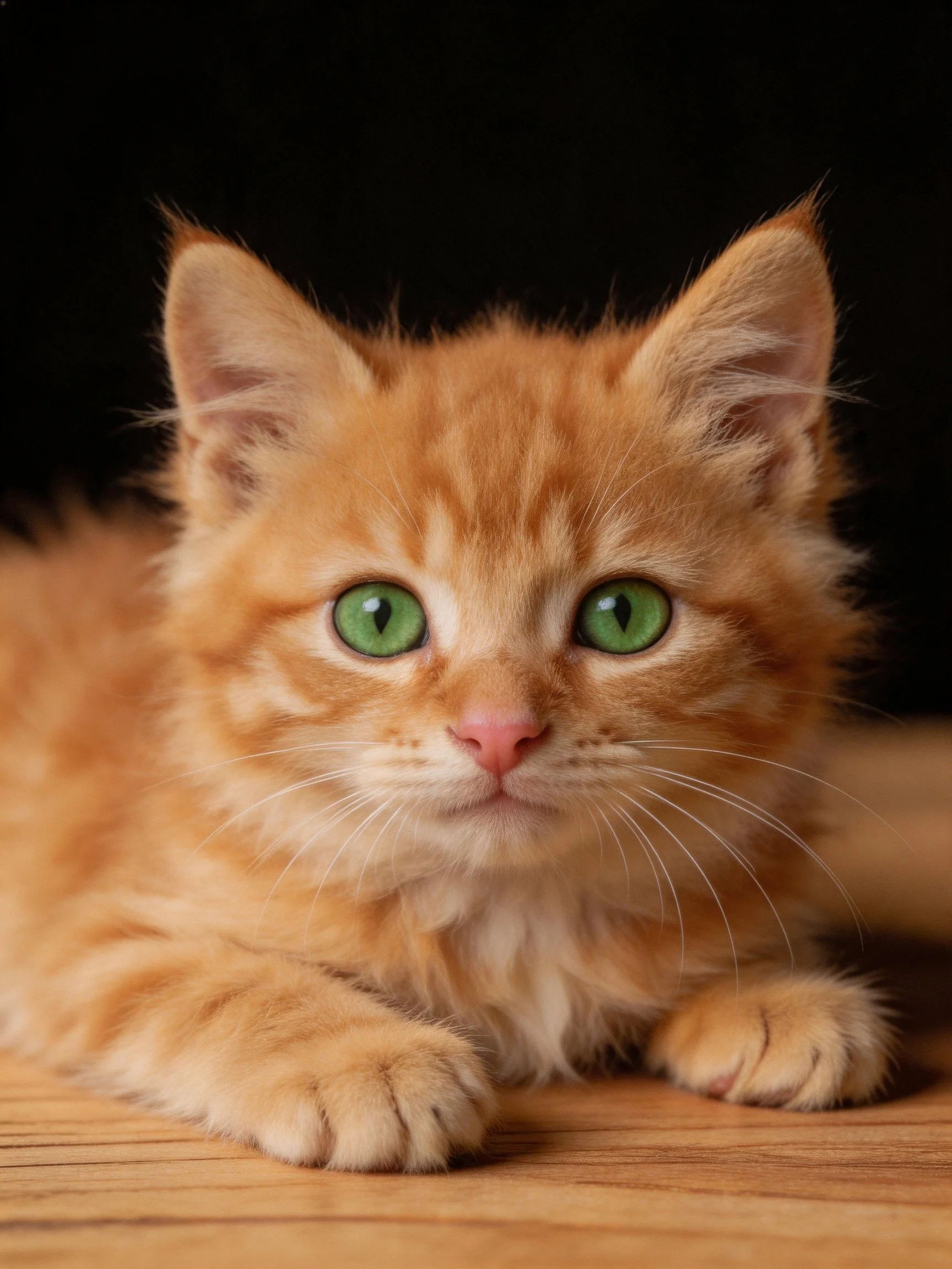 A fluffy orange kitten with bright green eyes rests on wood.