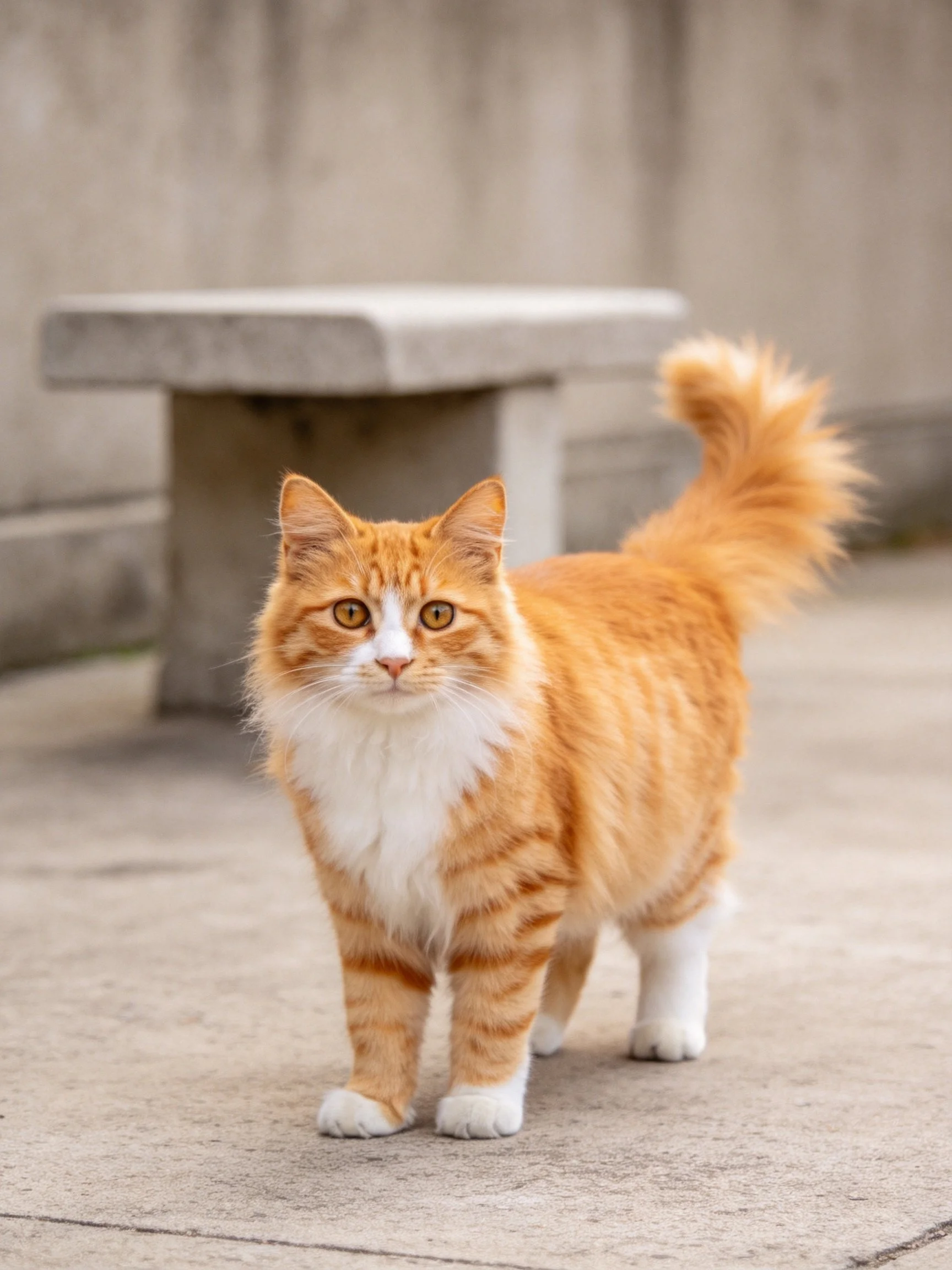 An orange tabby cat stands near a concrete bench in an outdoor area.