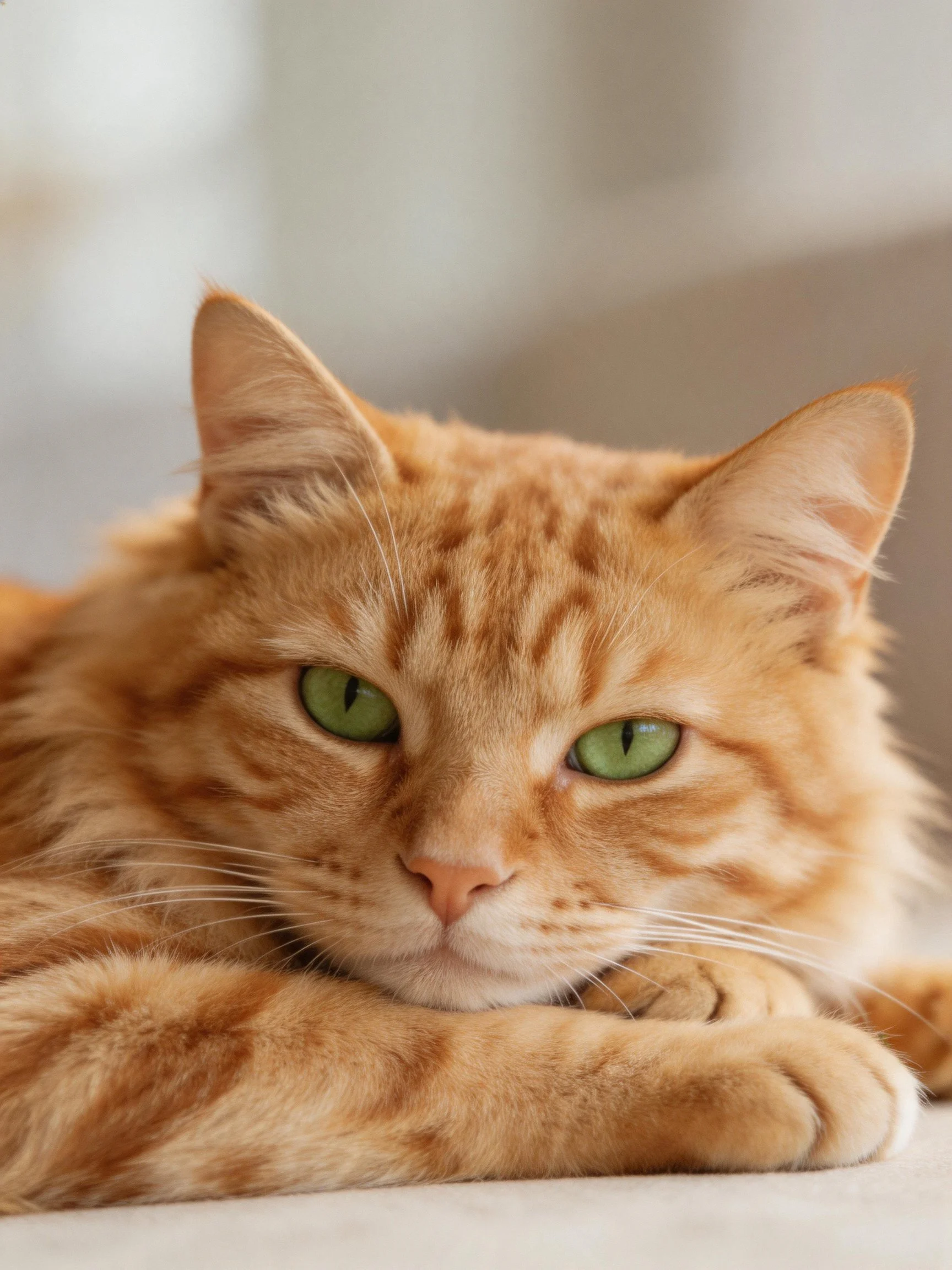 Fluffy orange tabby cat resting with vibrant green eyes