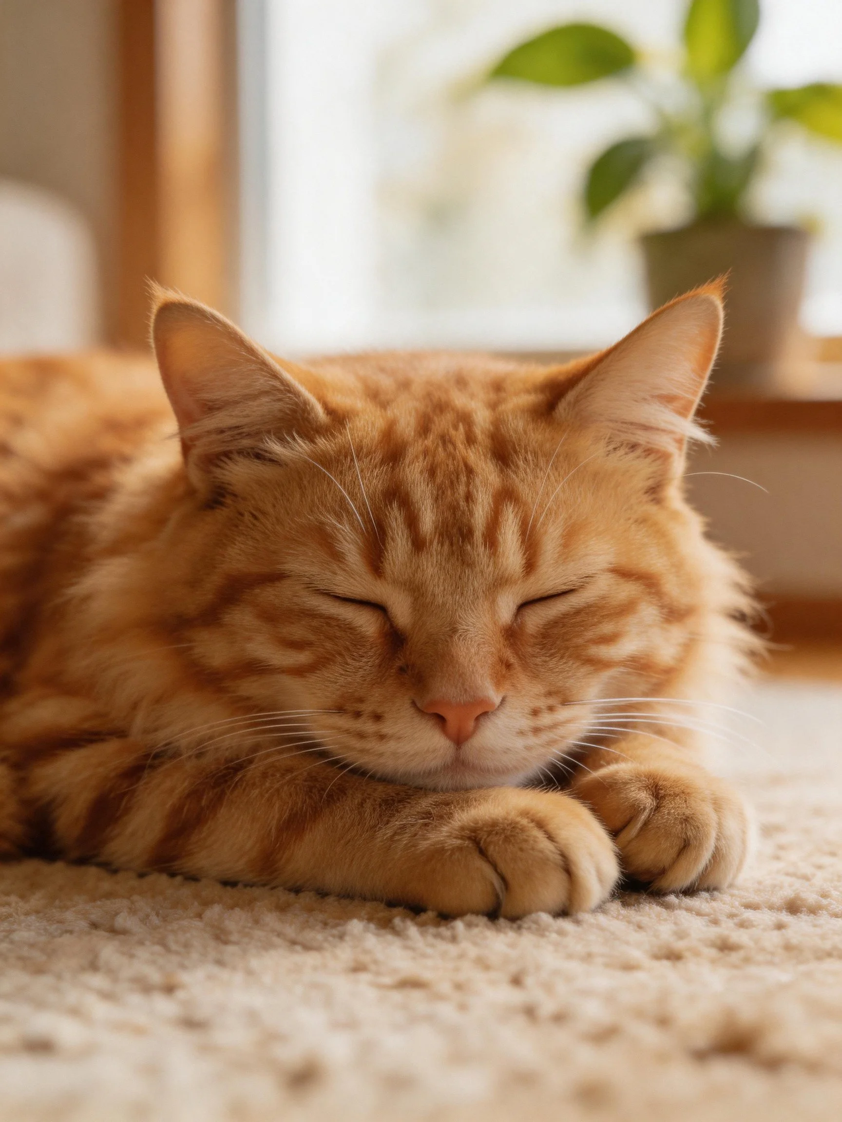 An orange tabby cat sleeps peacefully on a soft carpet with a potted plant in the background.