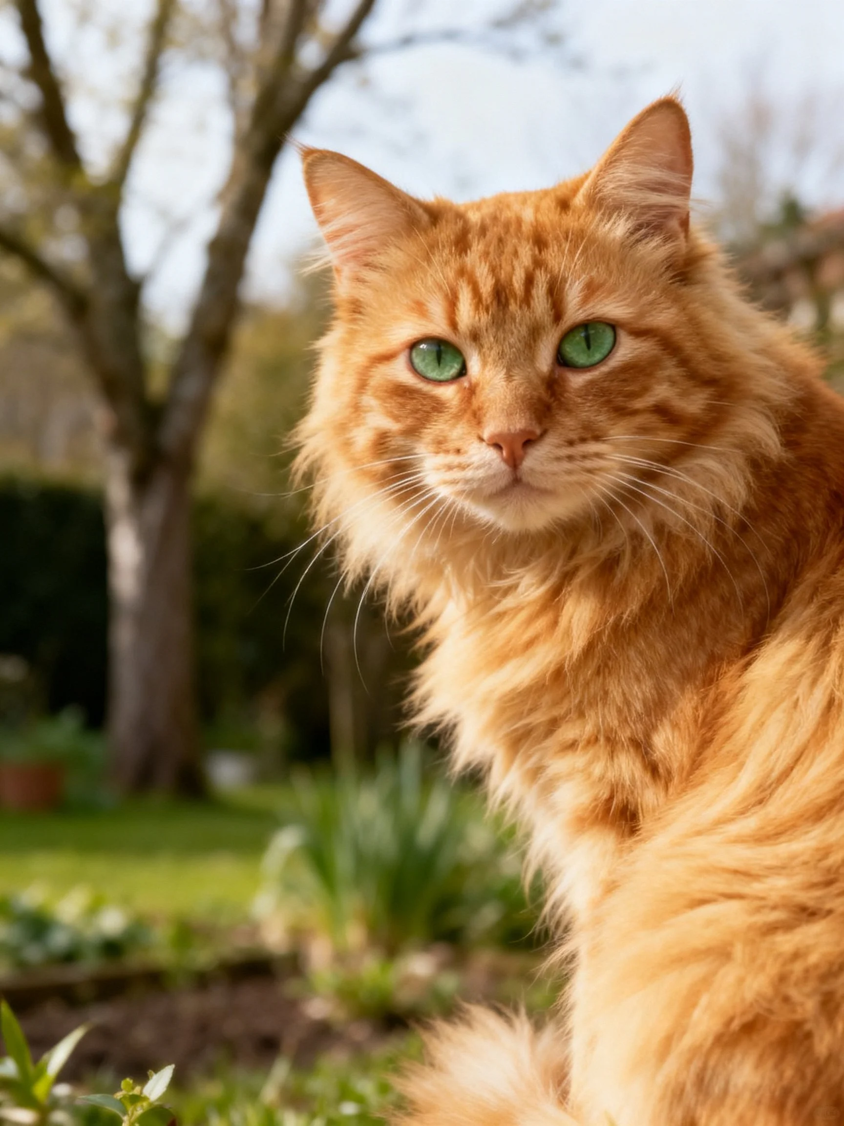 A fluffy orange tabby cat with bright green eyes is in a sunlit garden.