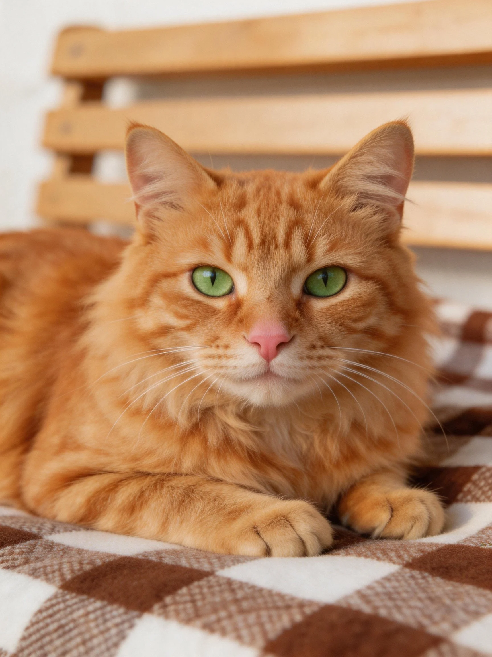 A single orange tabby cat rests on a checkered blanket near a wooden structure