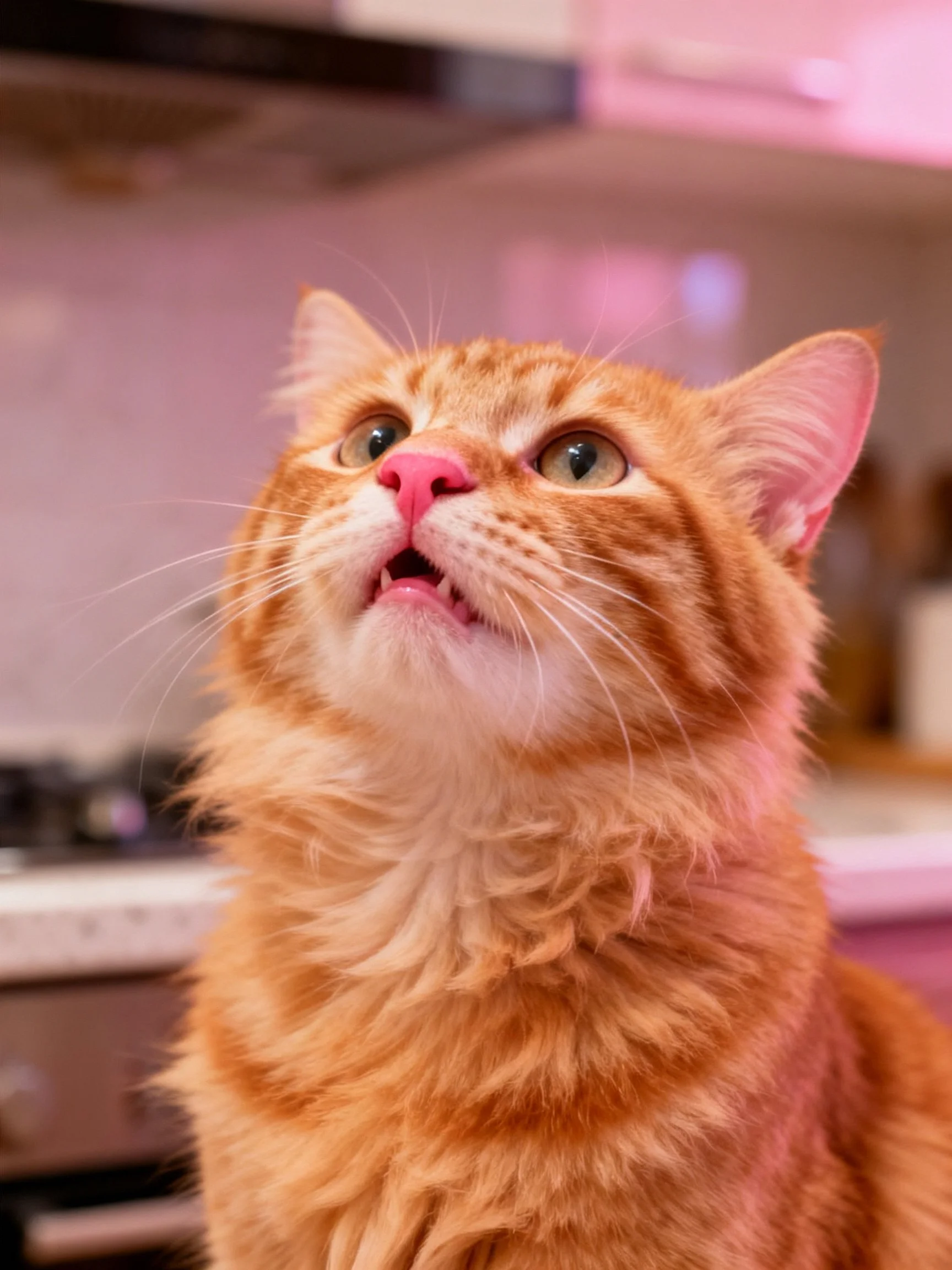 Orange tabby cat with pink nose looks upward in softly lit indoor space.