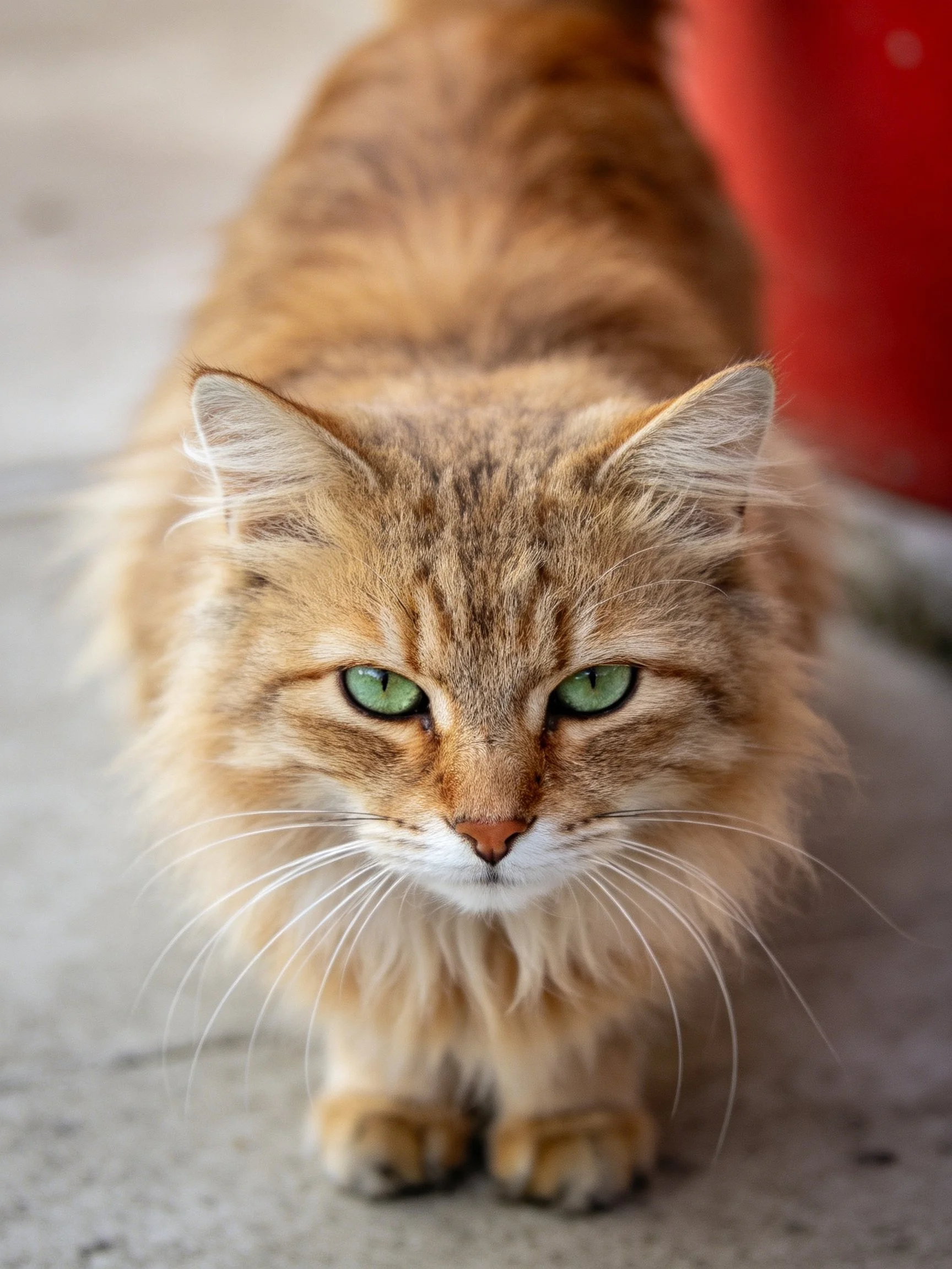 A fluffy orange tabby cat with green eyes stands on a concrete surface.
