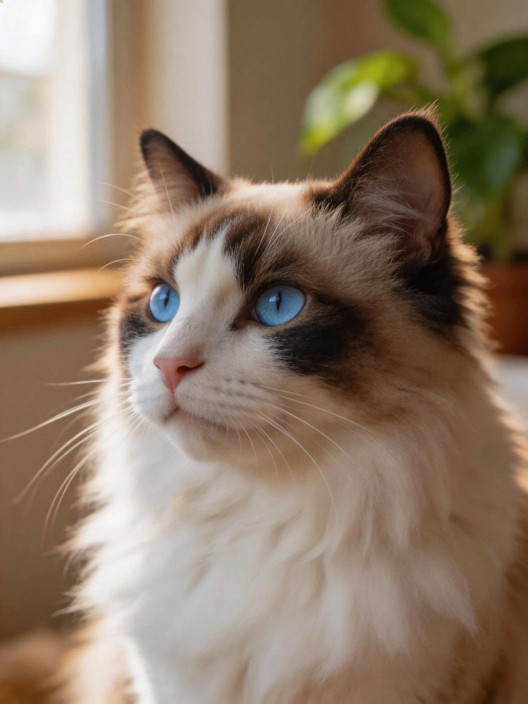 Fluffy ragdoll cat with bright blue eyes by sunlit window