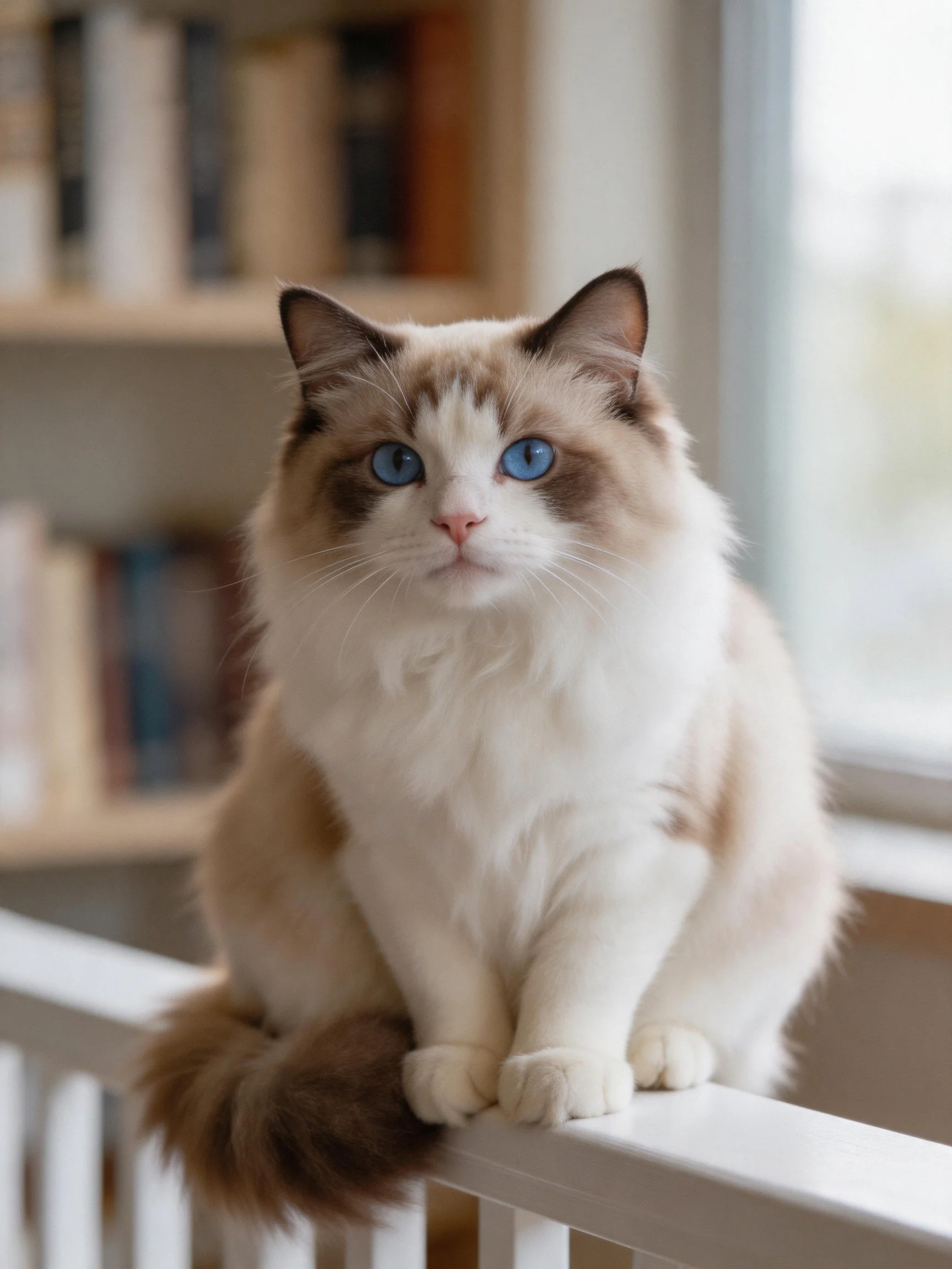 Fluffy ragdoll cat with bright blue eyes perched on white railing