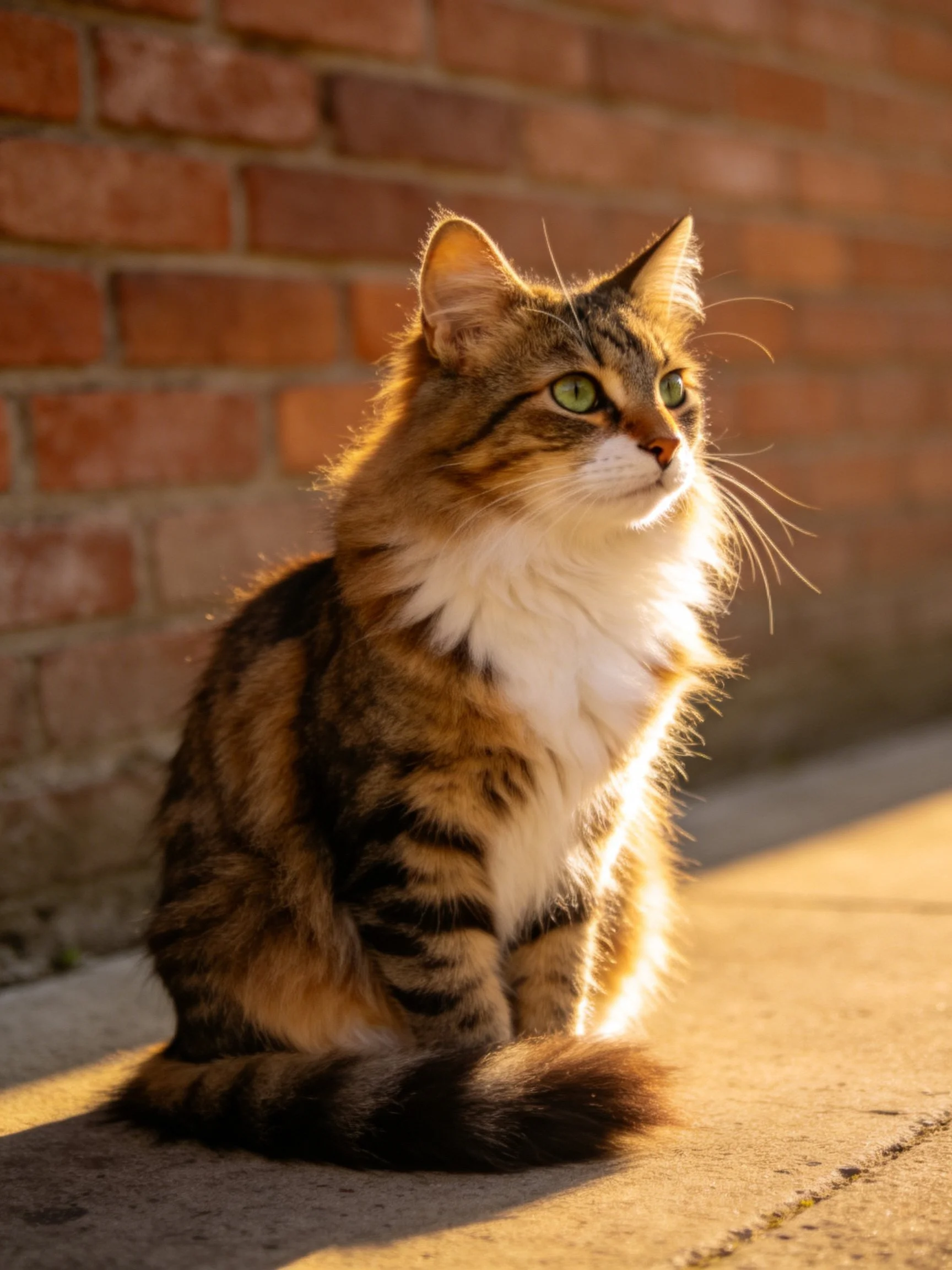 Fluffy tabby cat by red brick wall in golden light
