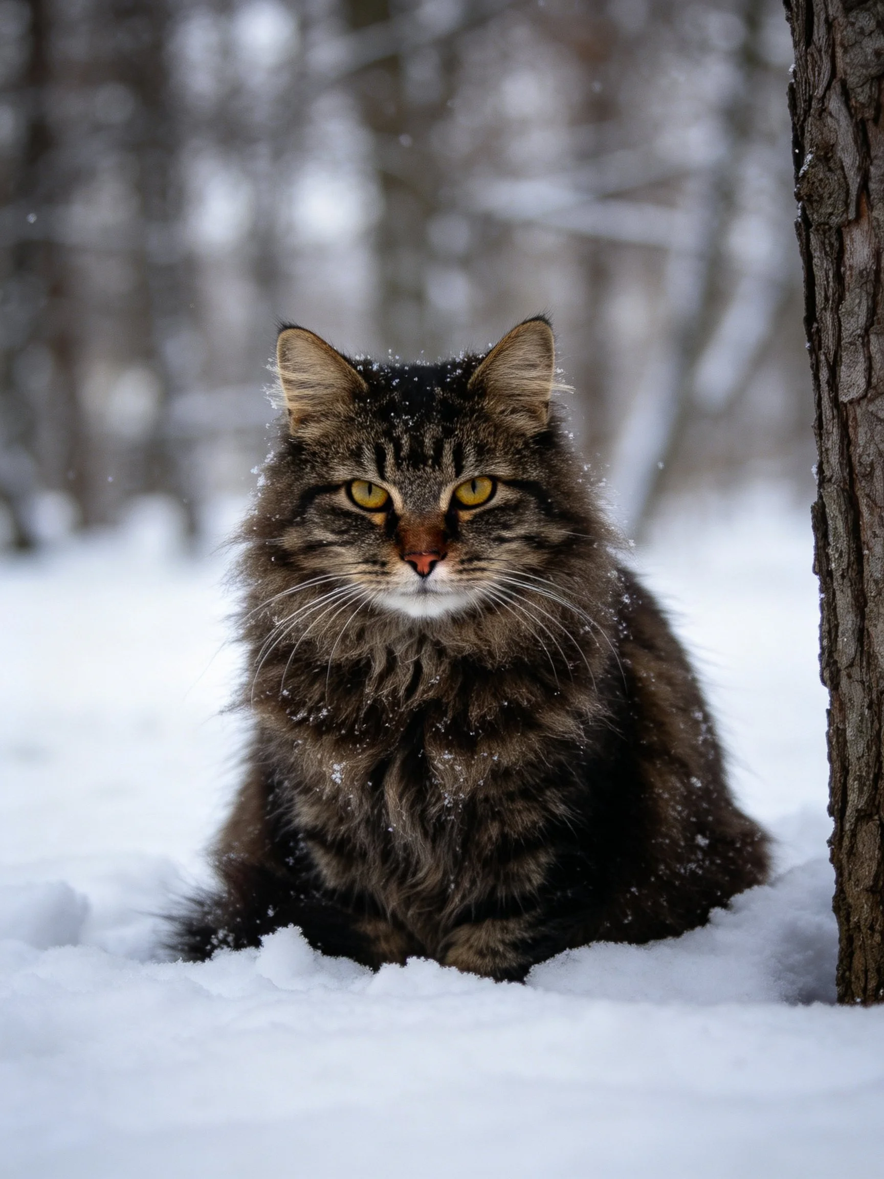 Fluffy tabby cat in snowy forest setting
