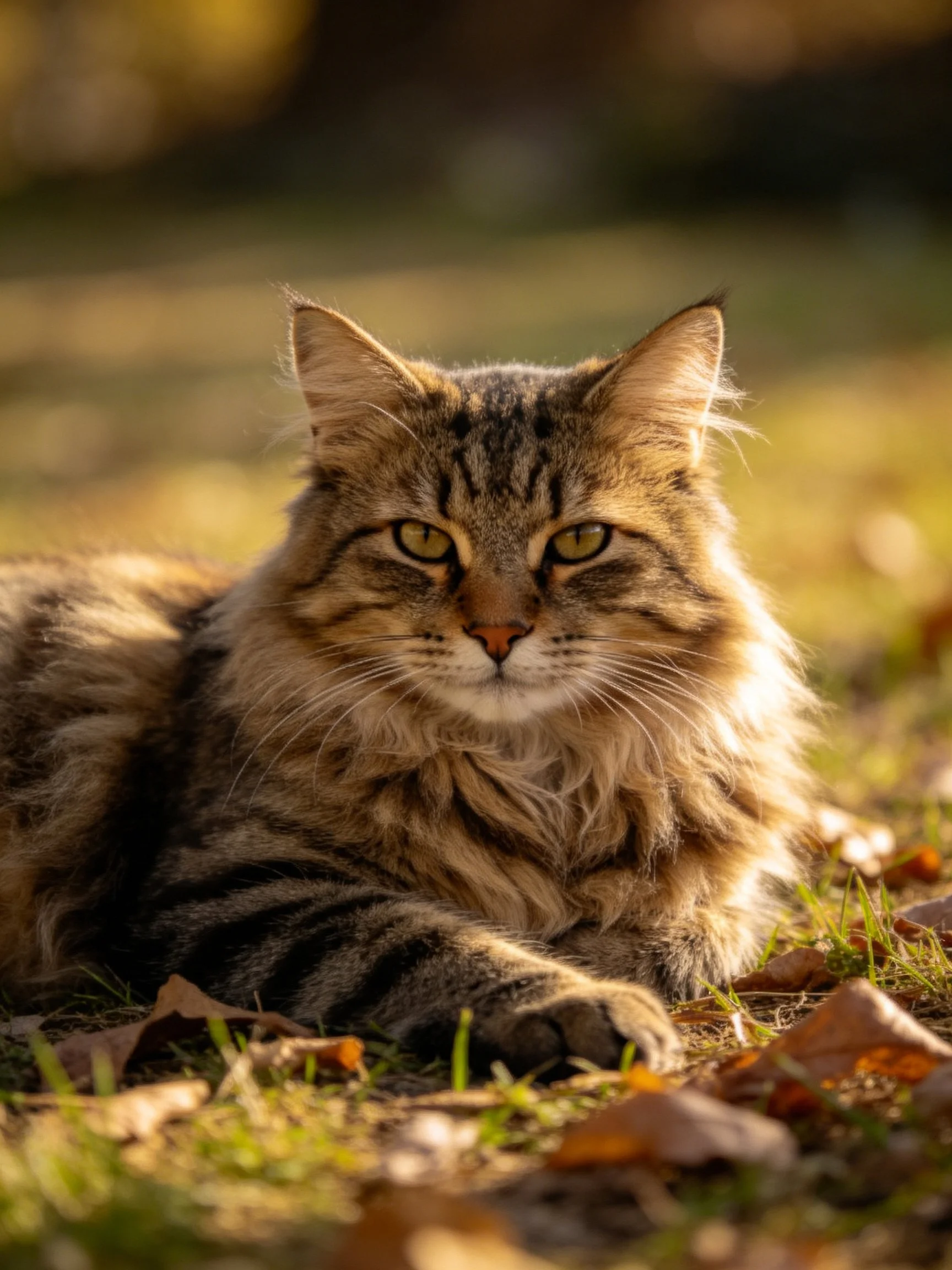 Fluffy tabby cat lounging on grass with autumn leaves under sunlight
