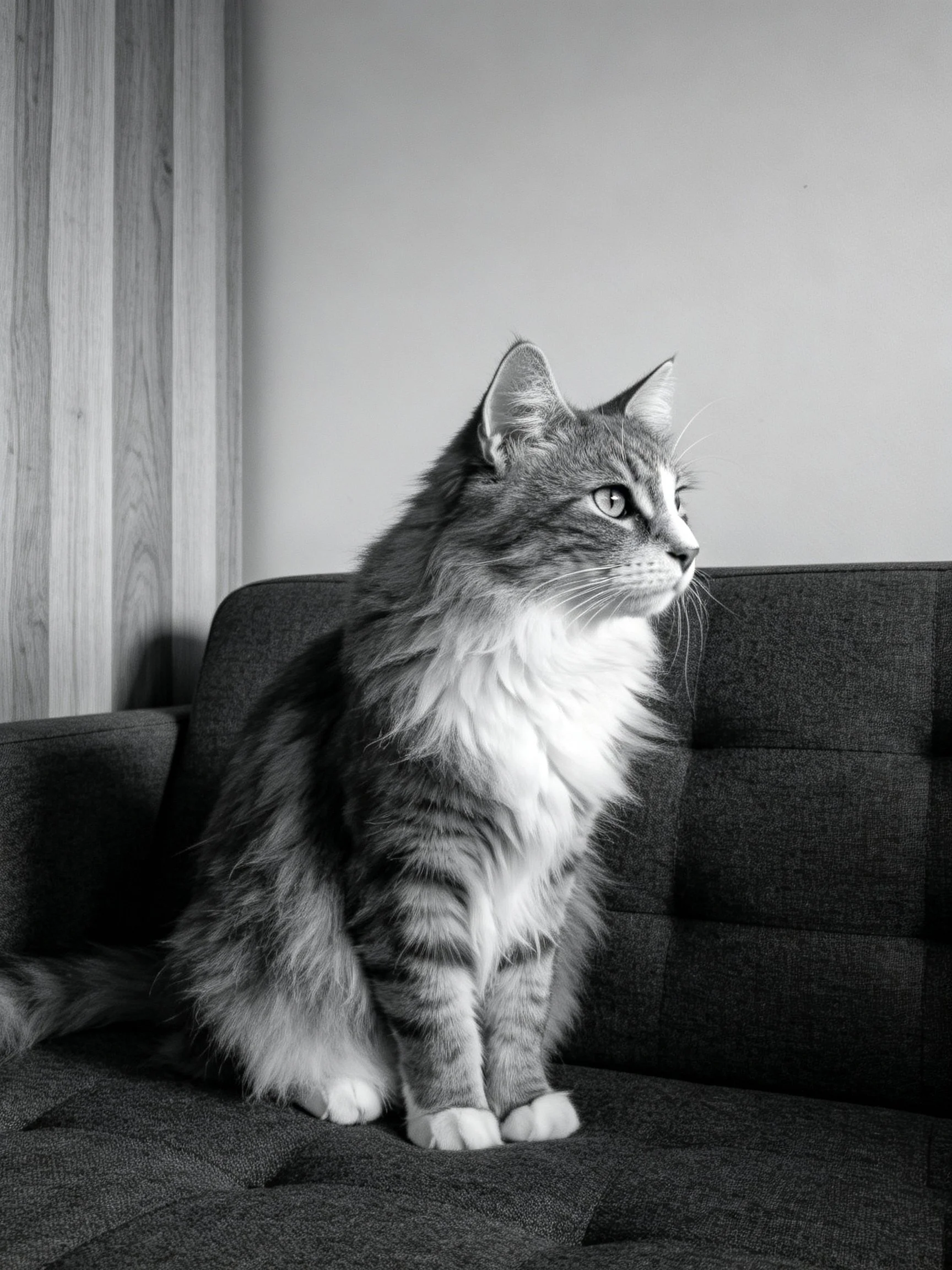 Fluffy tabby cat on dark sofa in monochrome setting