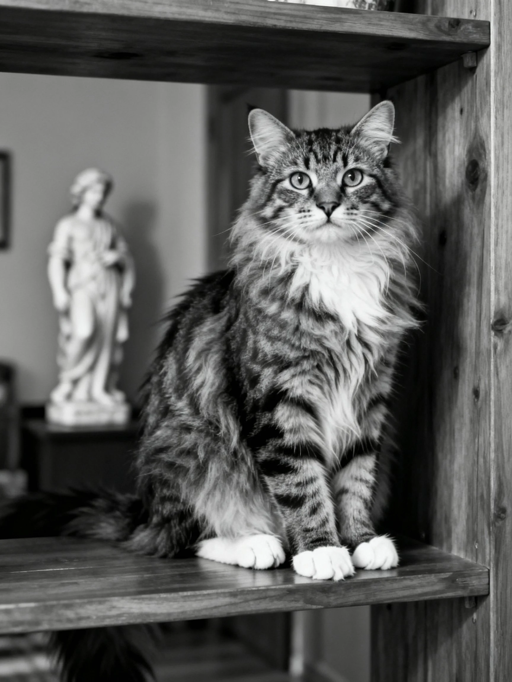 A fluffy tabby cat sits on a wooden shelf with a statue in the background.