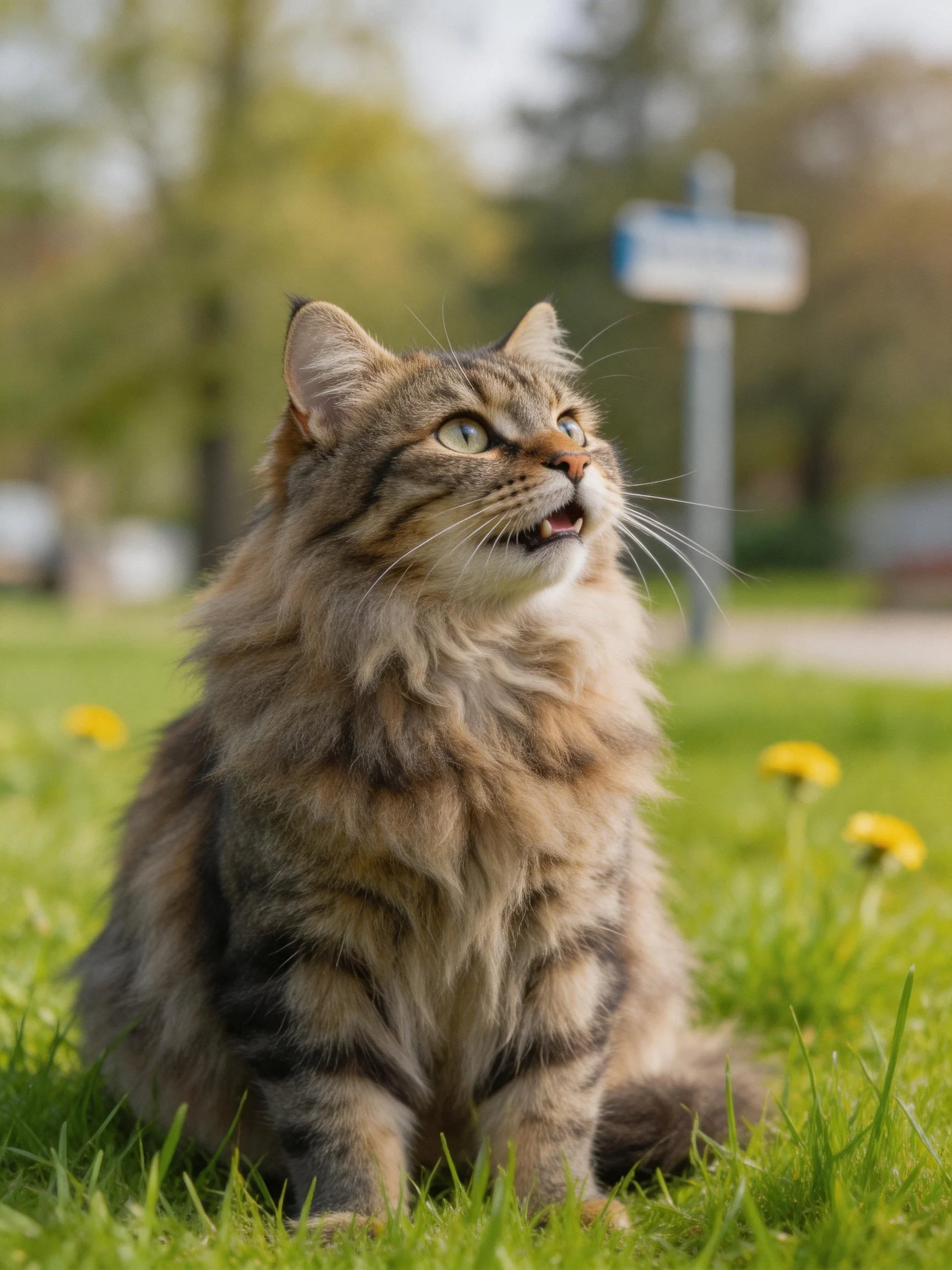 A fluffy tabby cat rests on green grass surrounded by yellow flowers outdoors.