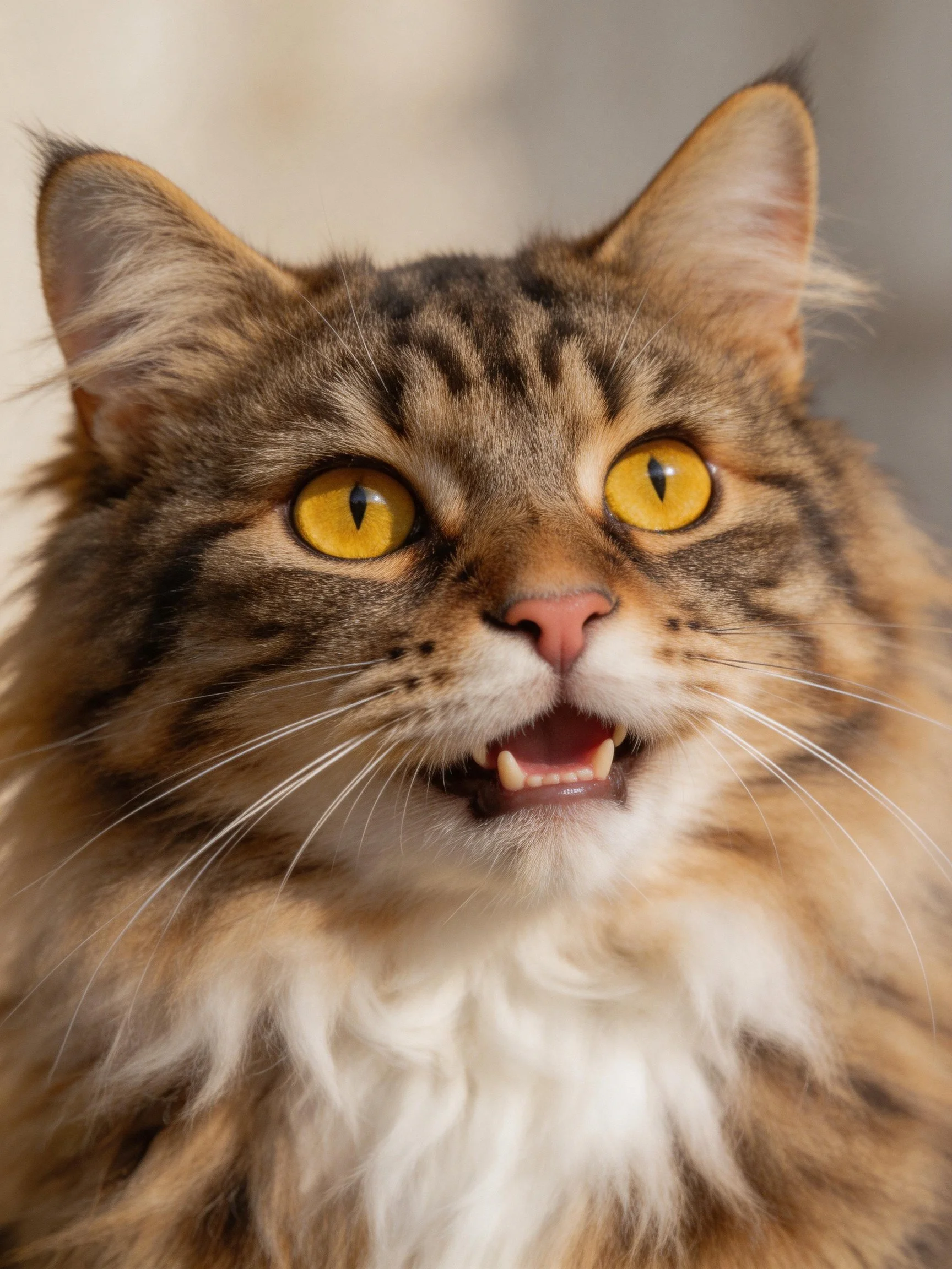 A fluffy tabby cat exhibits an expressive look with its mouth open.