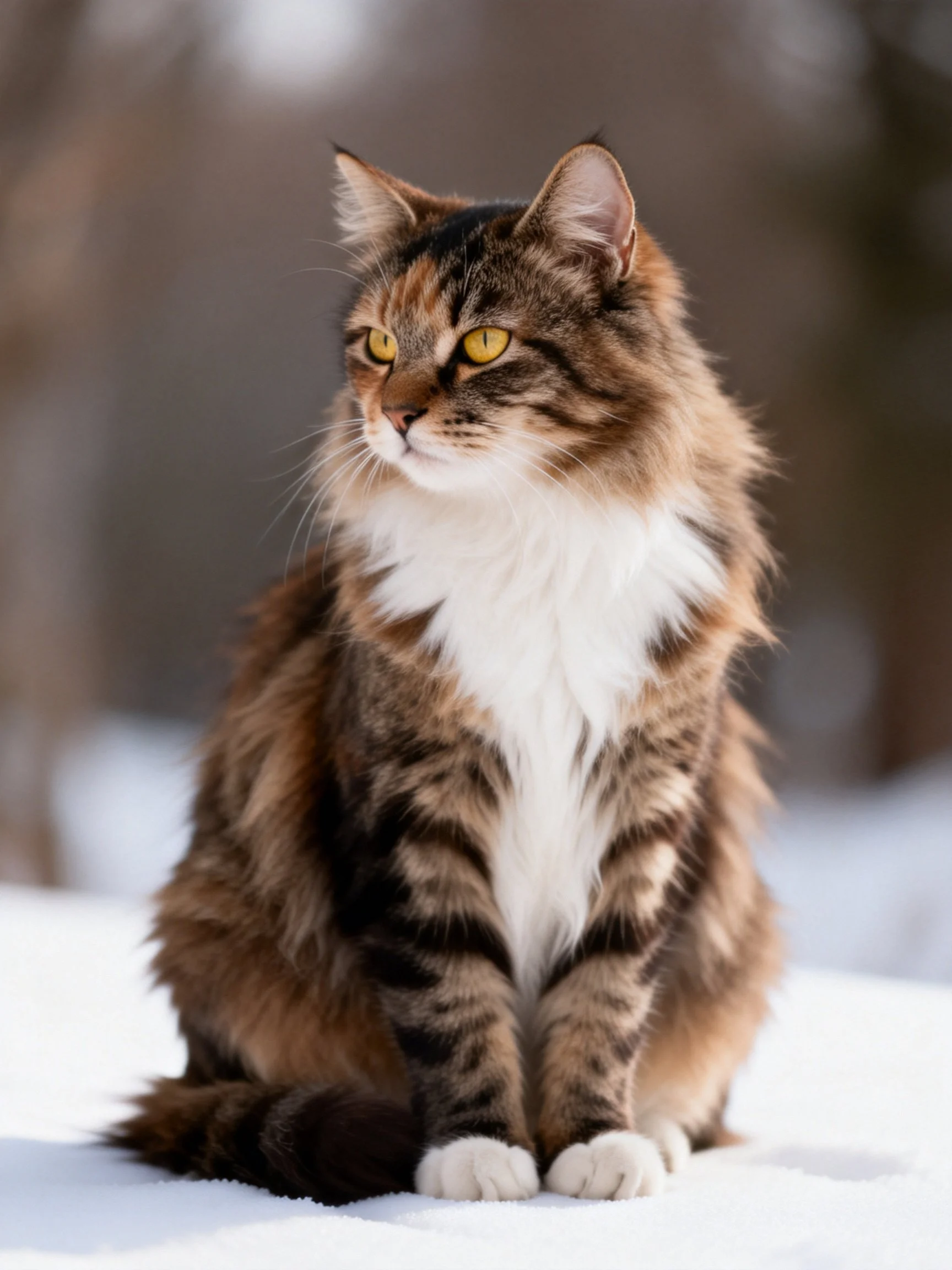 Fluffy tabby cat with yellow eyes sits calmly on snow.