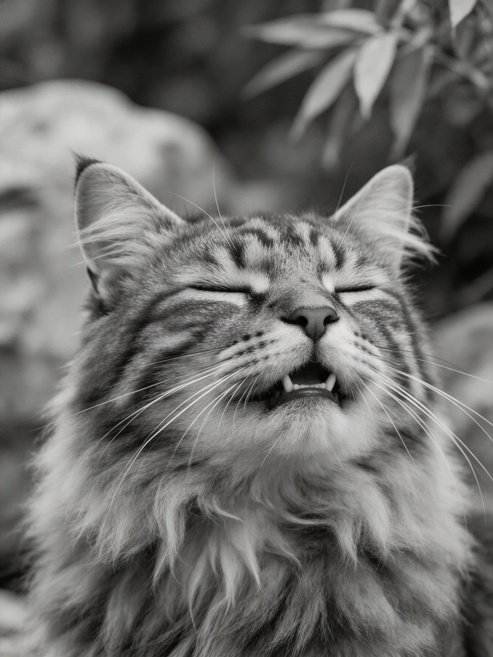 Fluffy tabby cat with closed eyes in black and white
