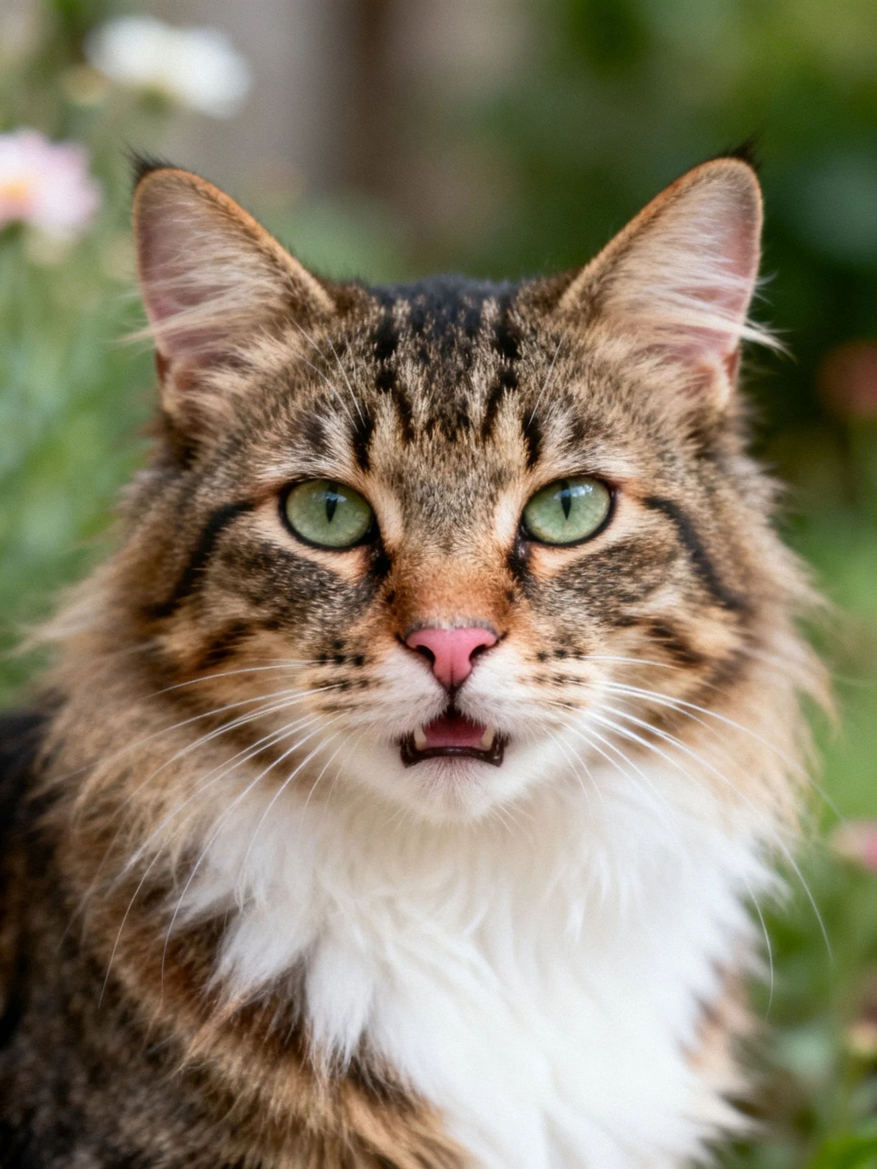 Fluffy tabby cat with green eyes sits amid blurred garden vegetation.