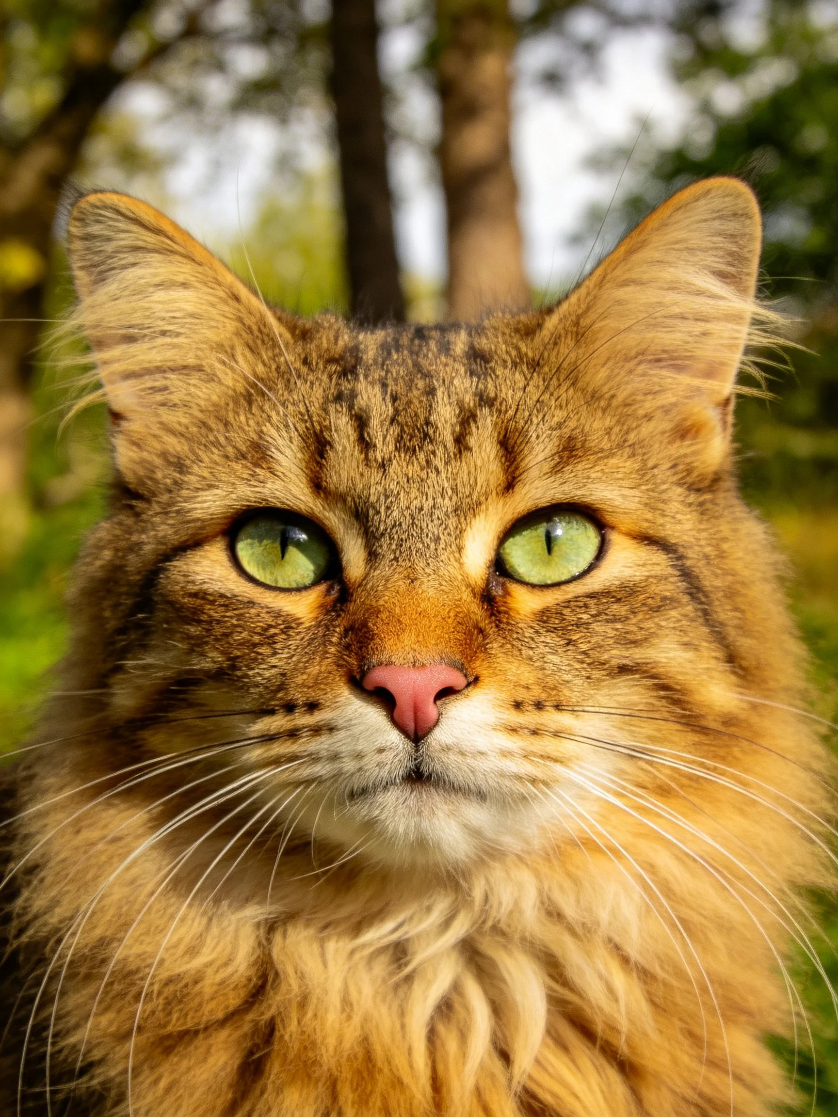 A fluffy tabby cat with vibrant green eyes is photographed outdoors.