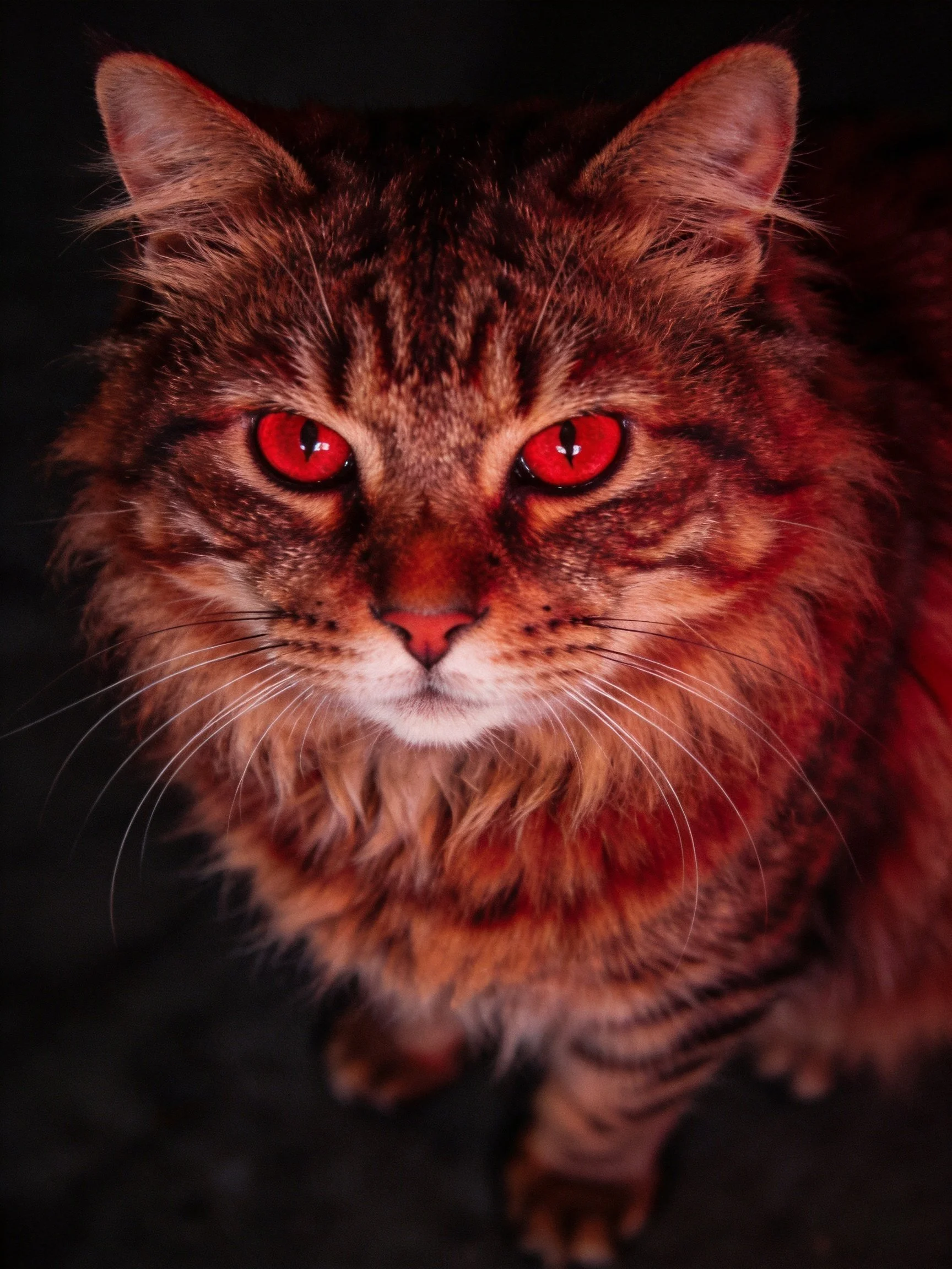 Fluffy tabby cat with vivid red eyes under moody lighting