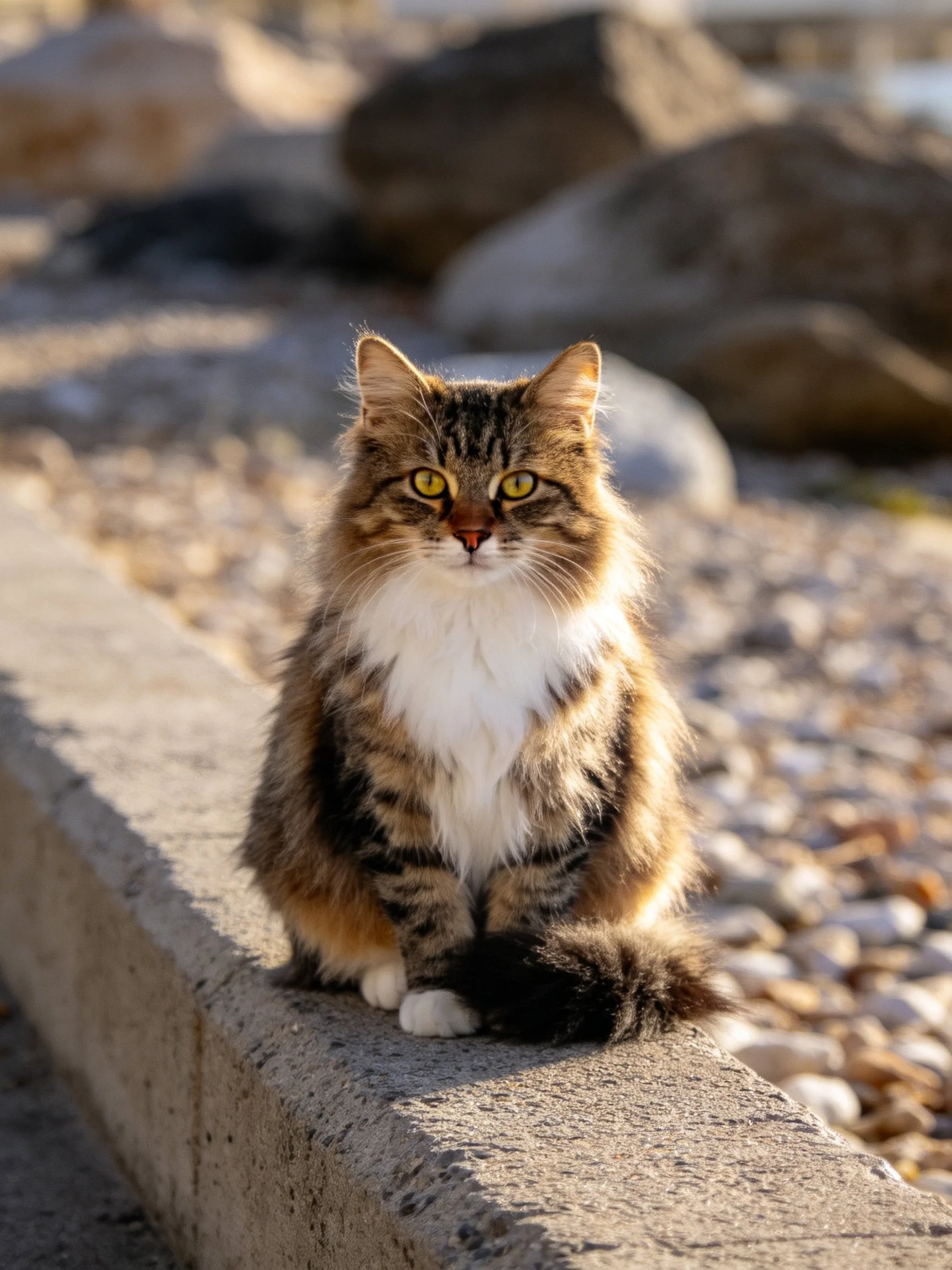 A fluffy tabby cat with white chest sits calmly on a concrete ledge near rocks.
