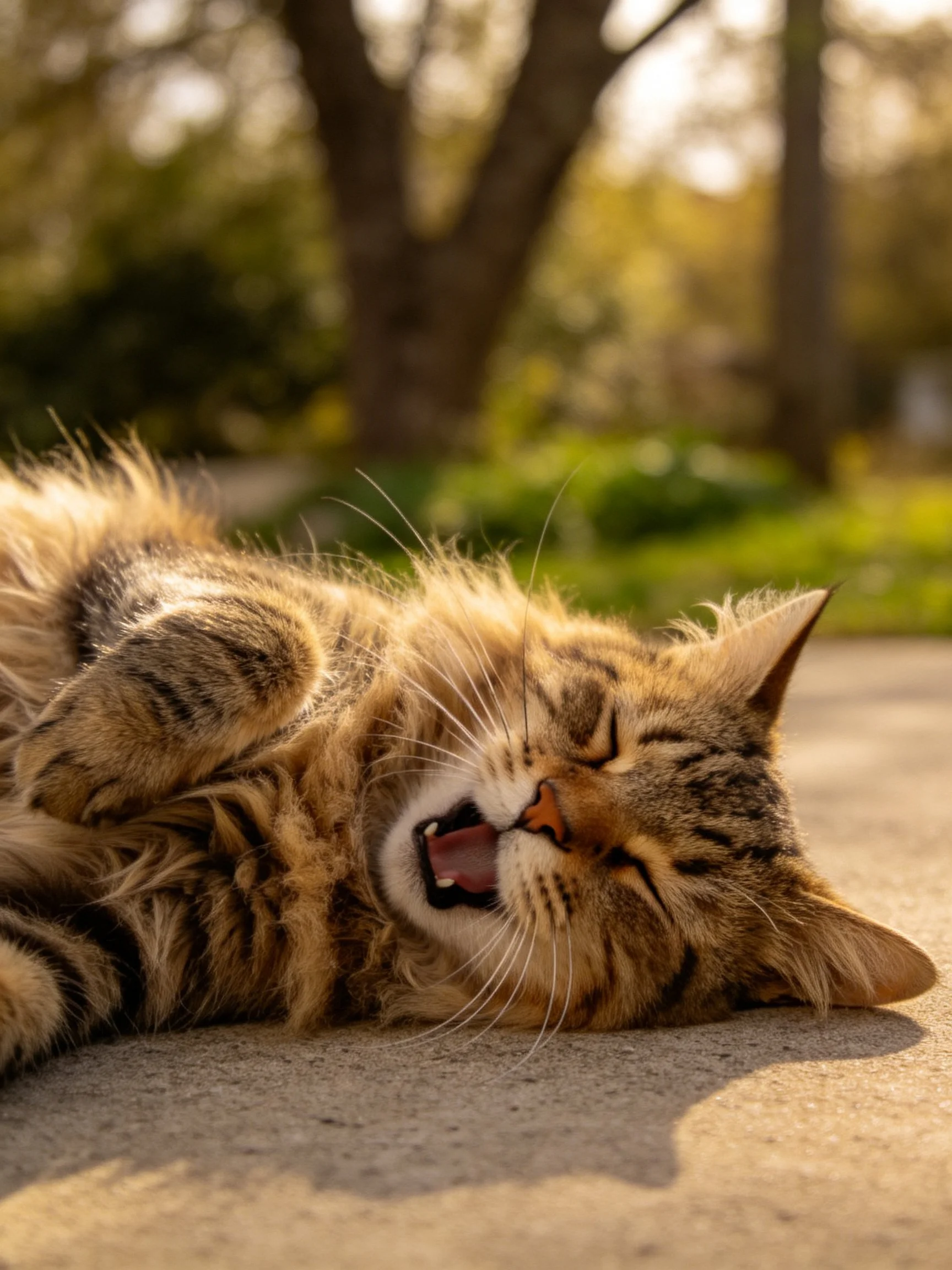Fluffy tabby cat yawning on sunlit concrete near trees