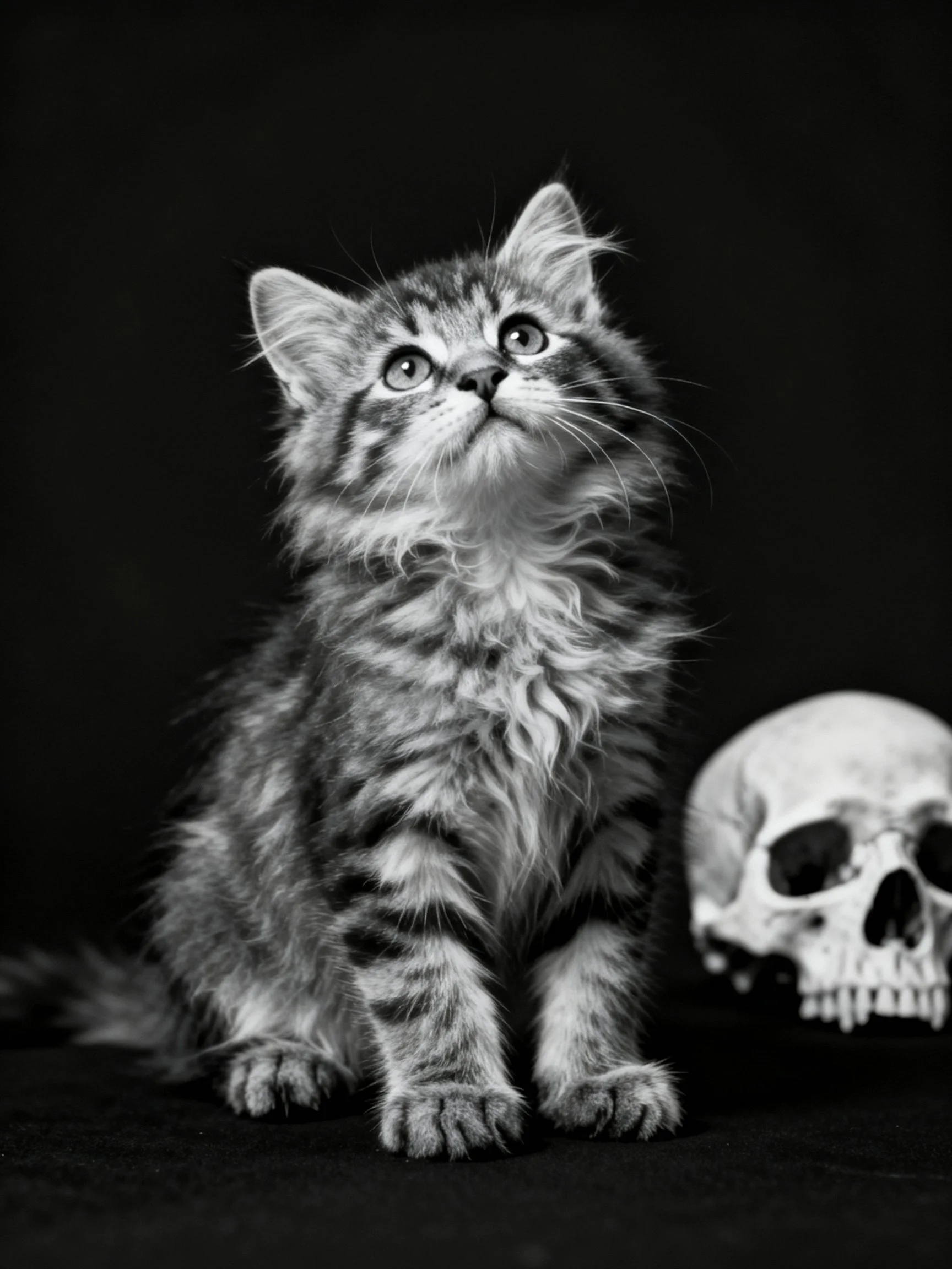 Fluffy tabby kitten sits beside human skull in monochrome