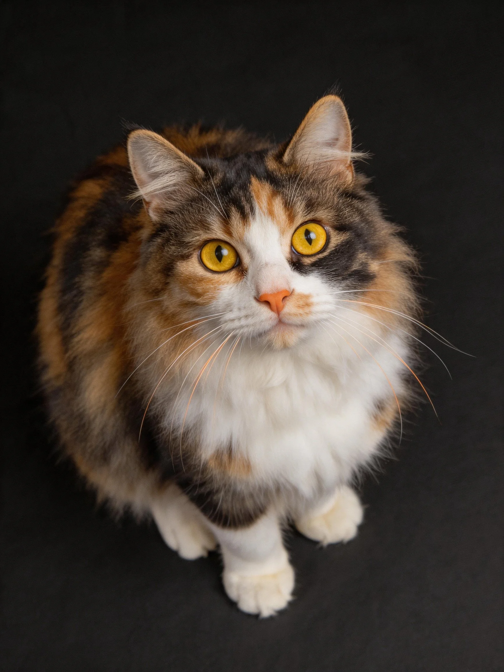 Fluffy tricolor cat with bright yellow eyes on dark background