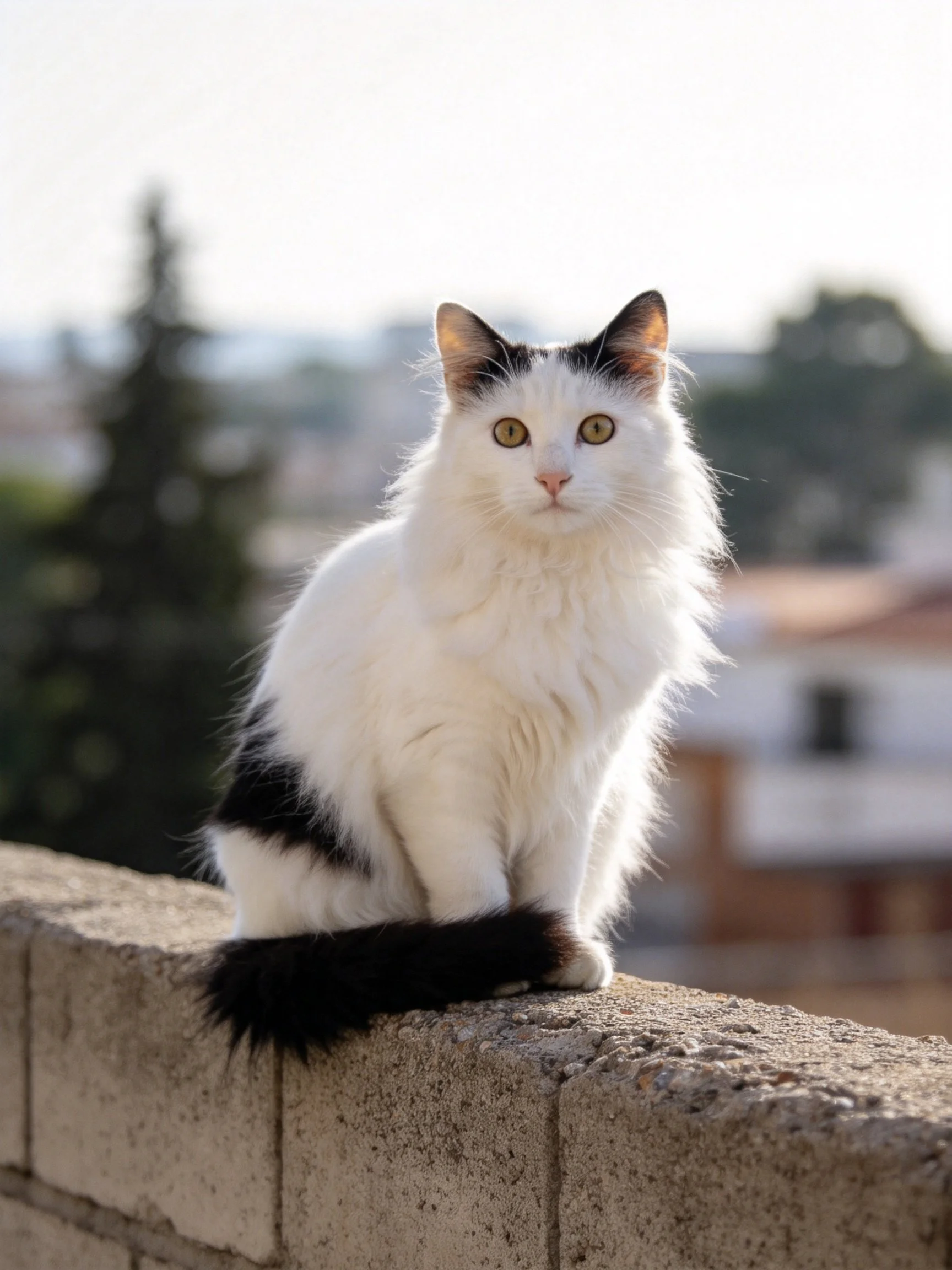 White and black cat sits calmly on outdoor stone structure