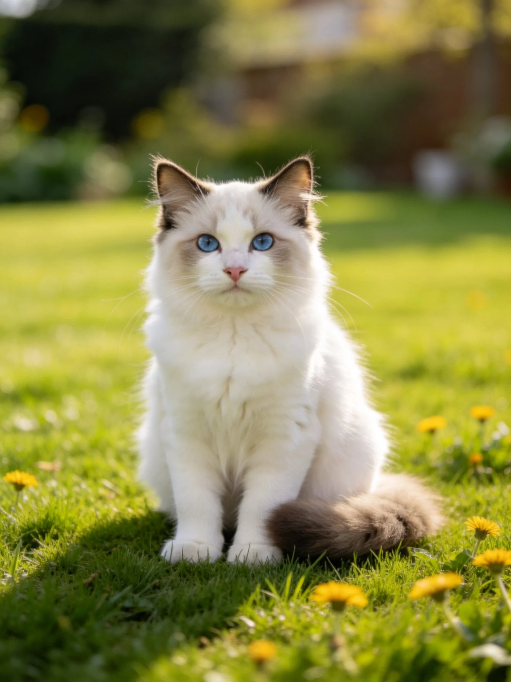 A fluffy cat with blue eyes sits calmly on a grassy lawn dotted with yellow flowers.