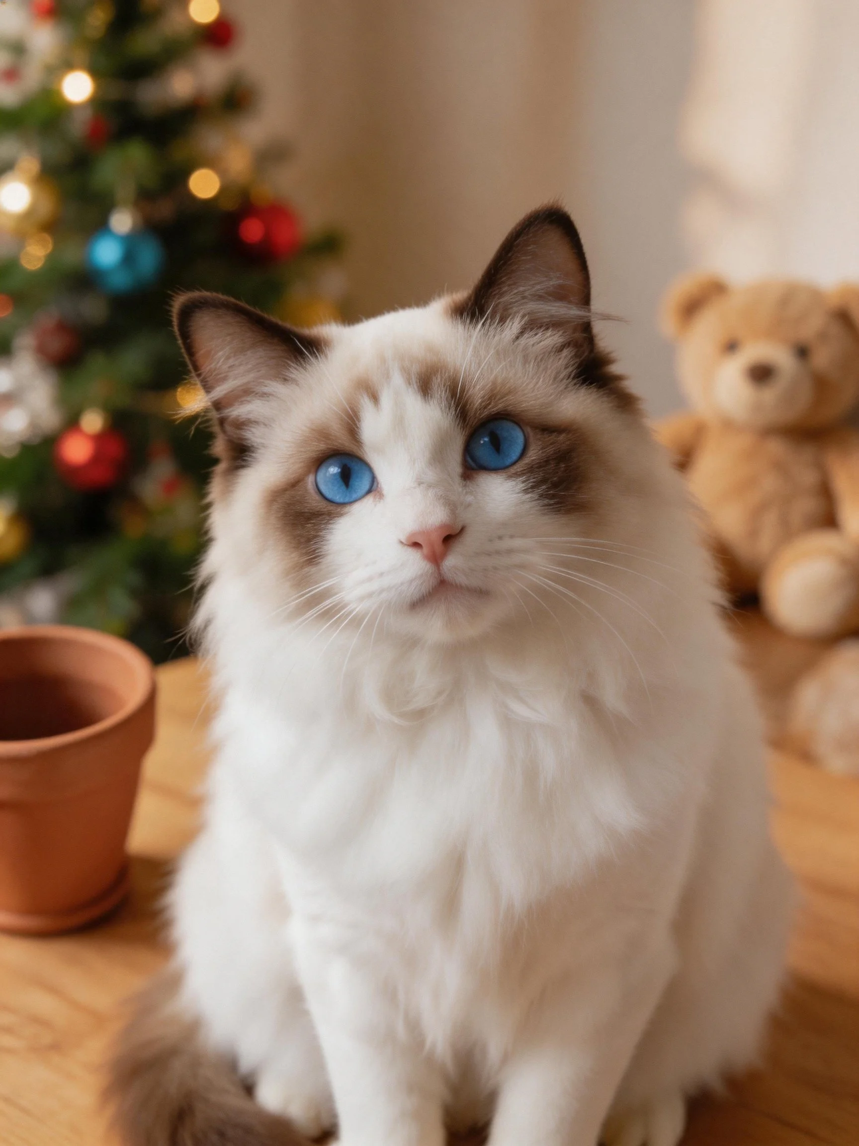 Fluffy white and brown cat with blue eyes sits near holiday decorations.