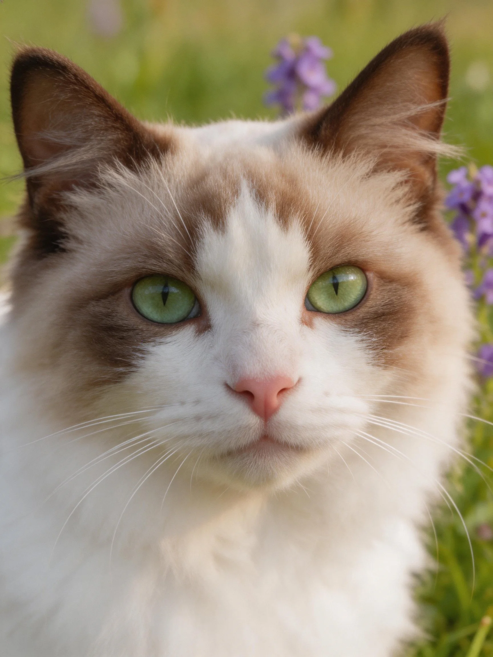 Close - up of a white and brown cat with green eyes near purple blooms.