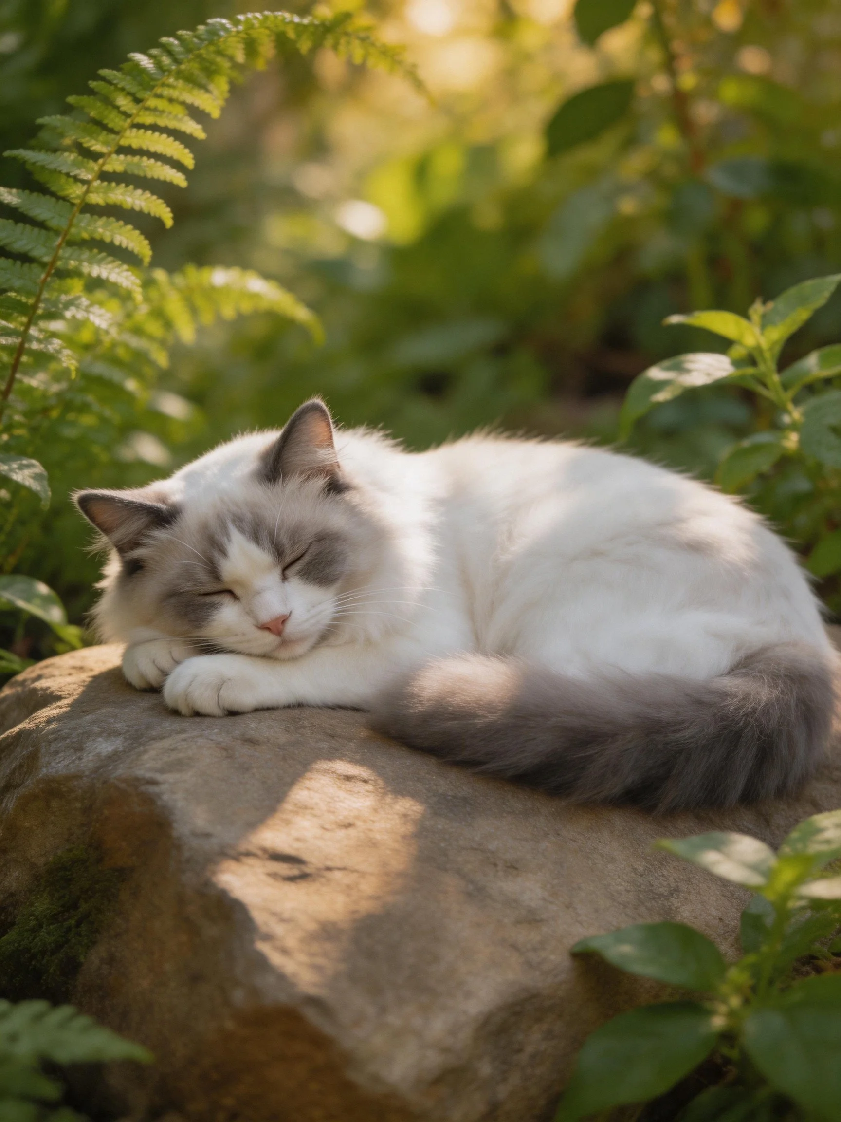 Fluffy white and gray cat naps on mossy rock among ferns