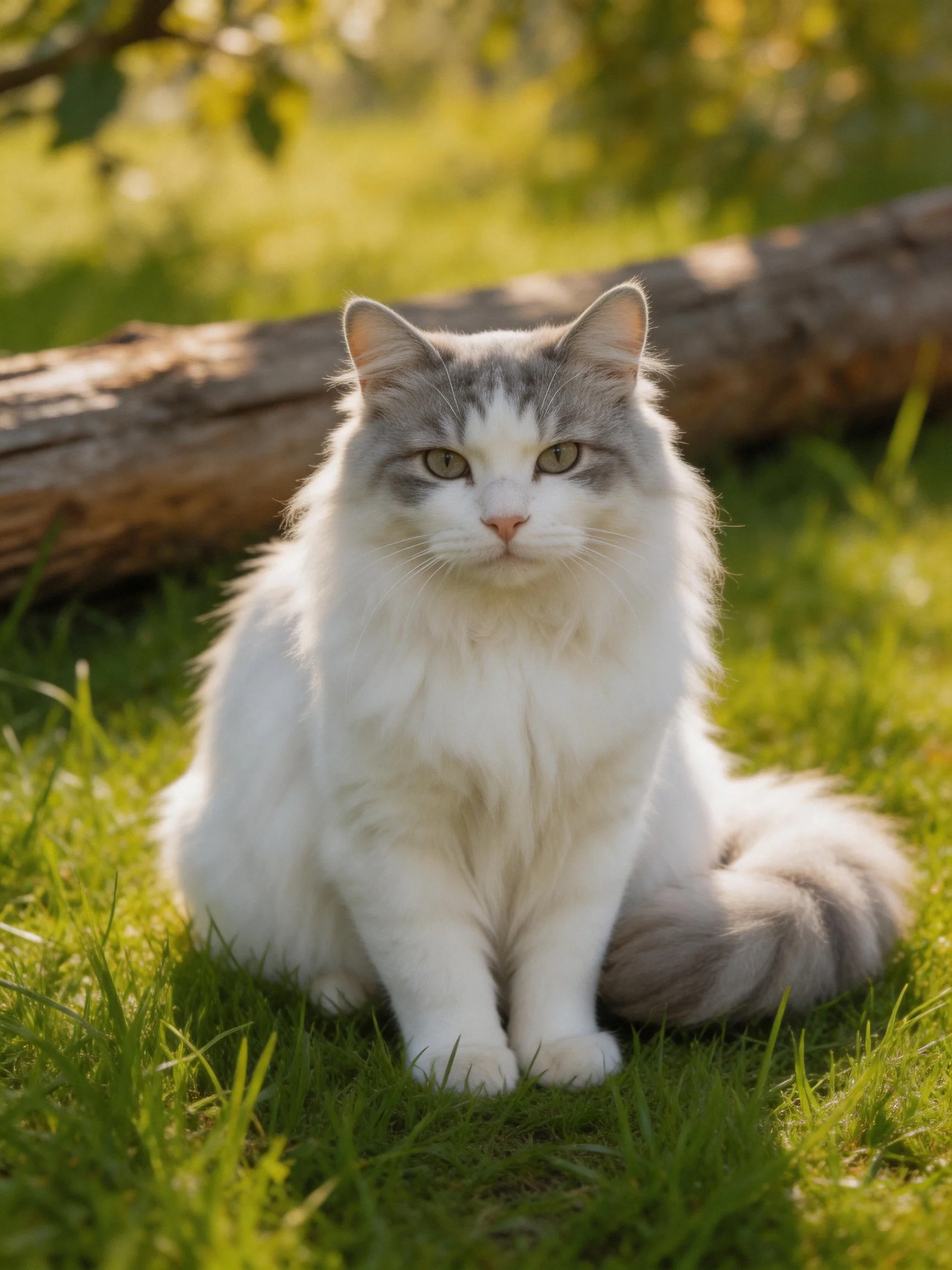 A fluffy white and gray cat sits peacefully on green grass beside a log.