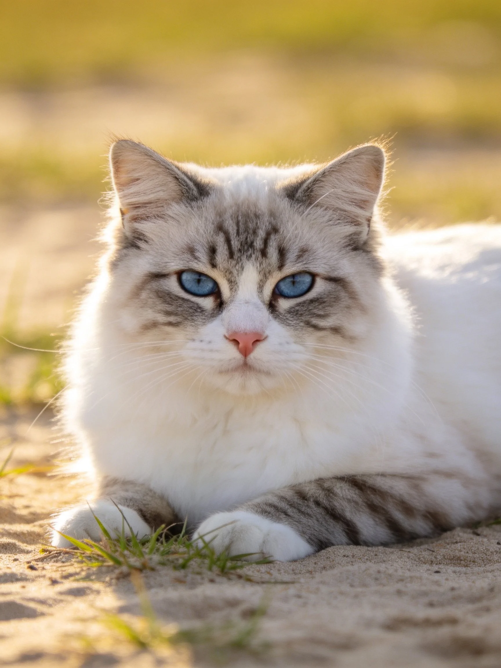 A fluffy white and gray cat with blue eyes rests on sandy ground.