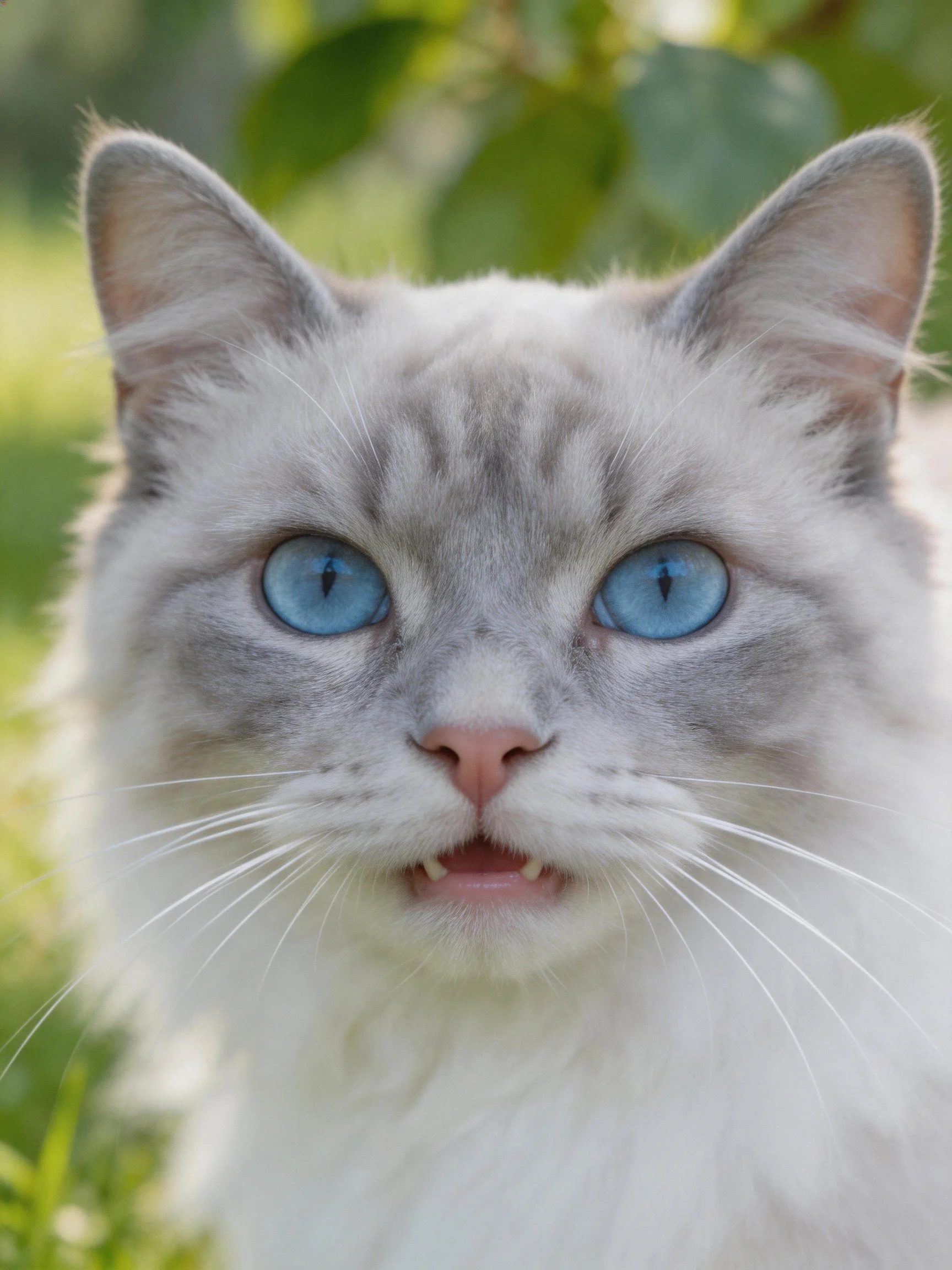 A fluffy white and gray cat with blue eyes is shown outdoors near greenery.