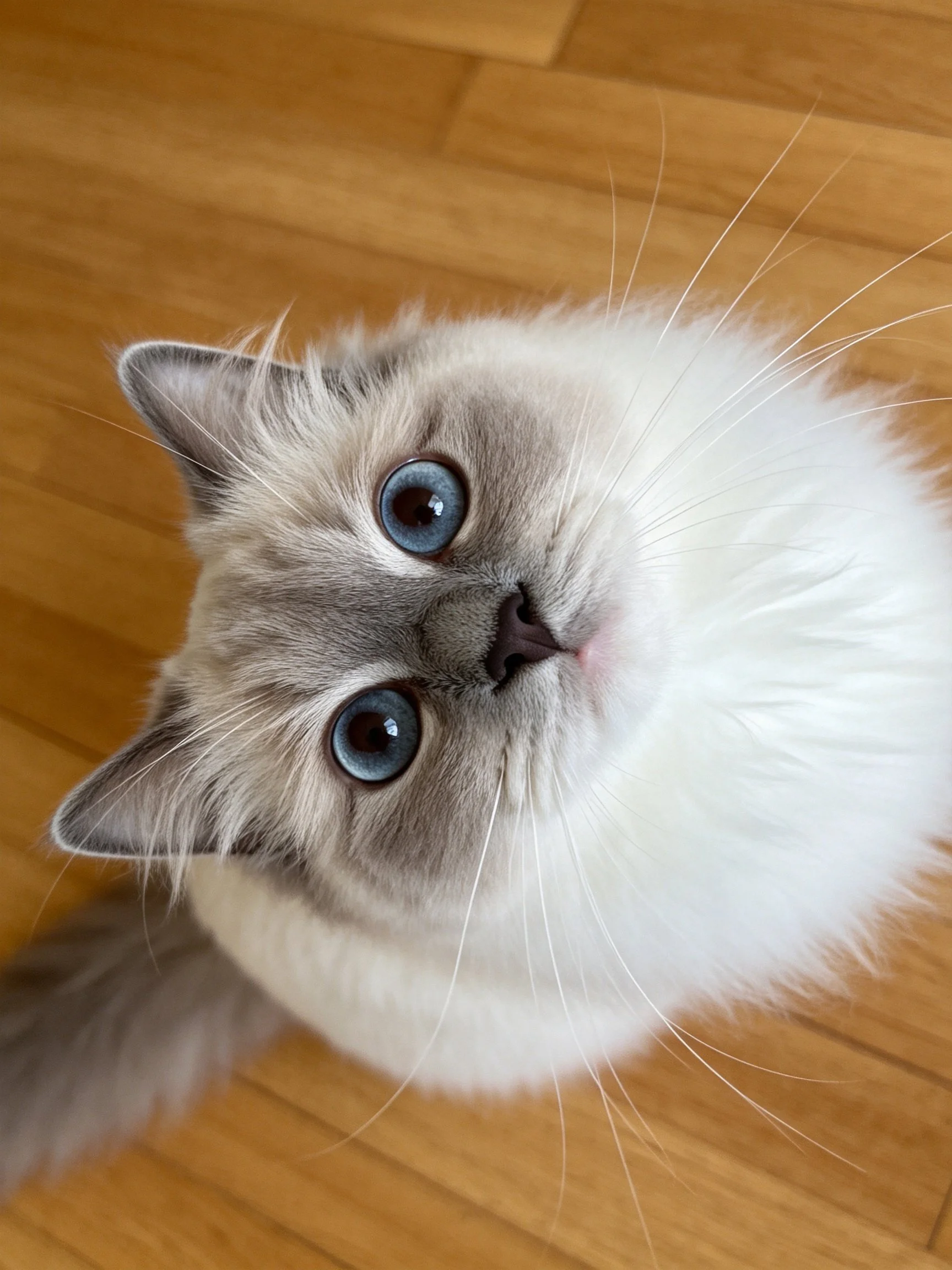 A fluffy cat with striking blue eyes gazes upward on a wooden floor.