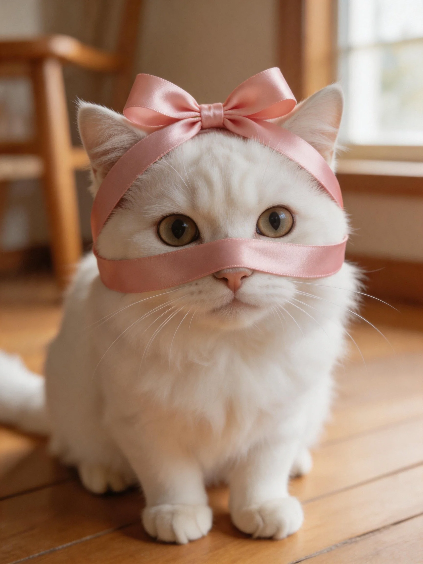 A fluffy white cat wears a pink satin bow and blindfold indoors.