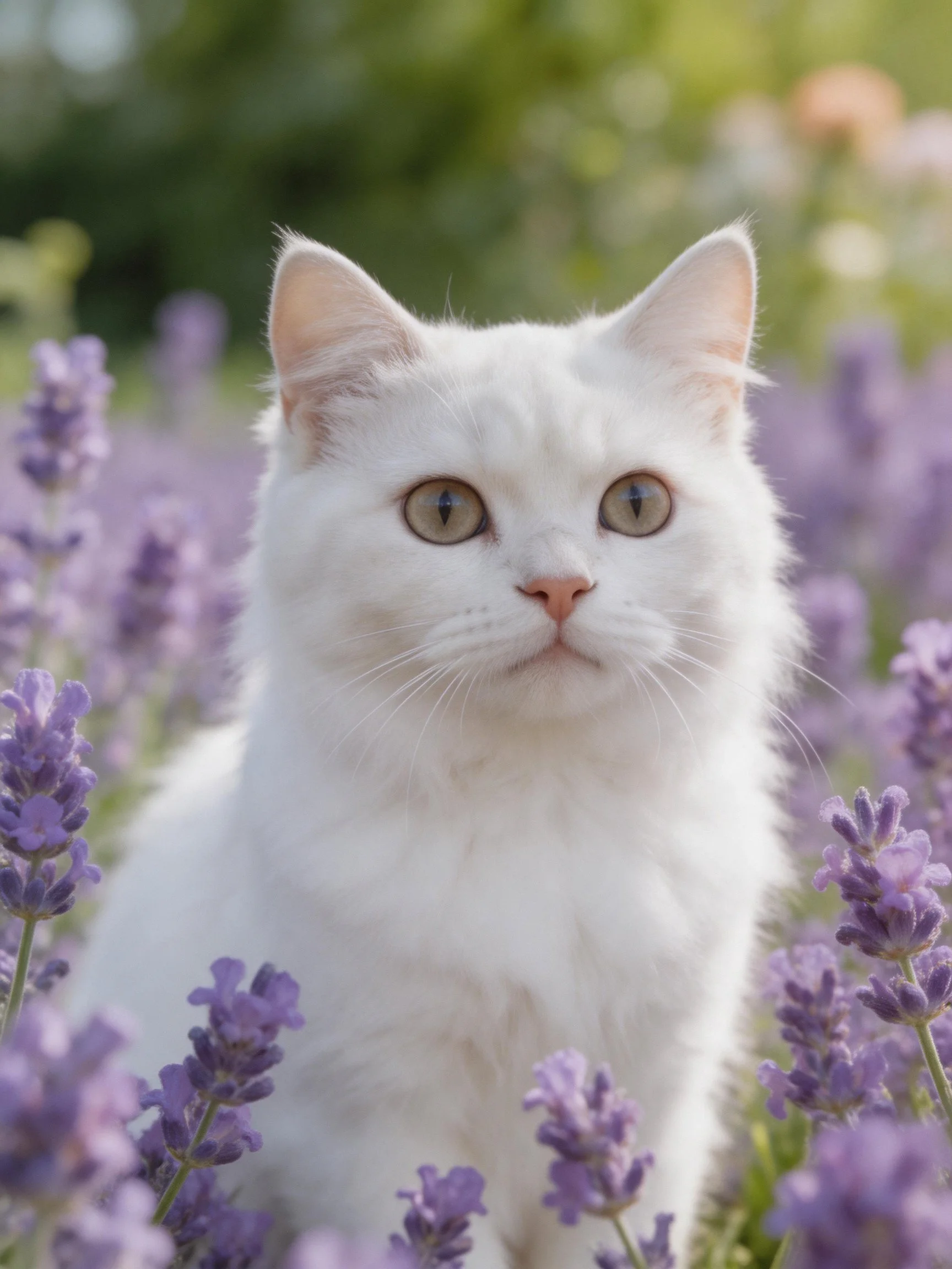 A white cat sits among lavender flowers in a sunlit outdoor environment.