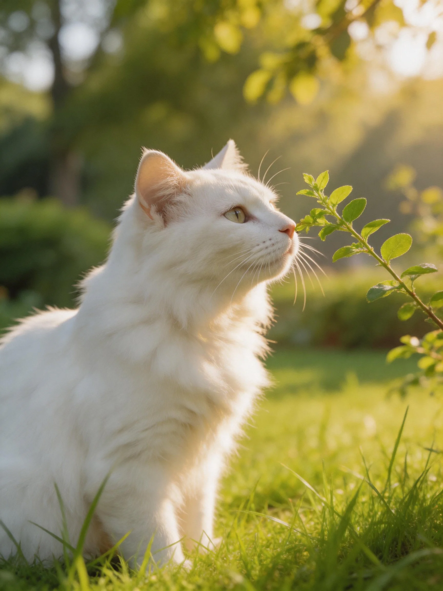 Fluffy white cat exploring green foliage in sunlit garden