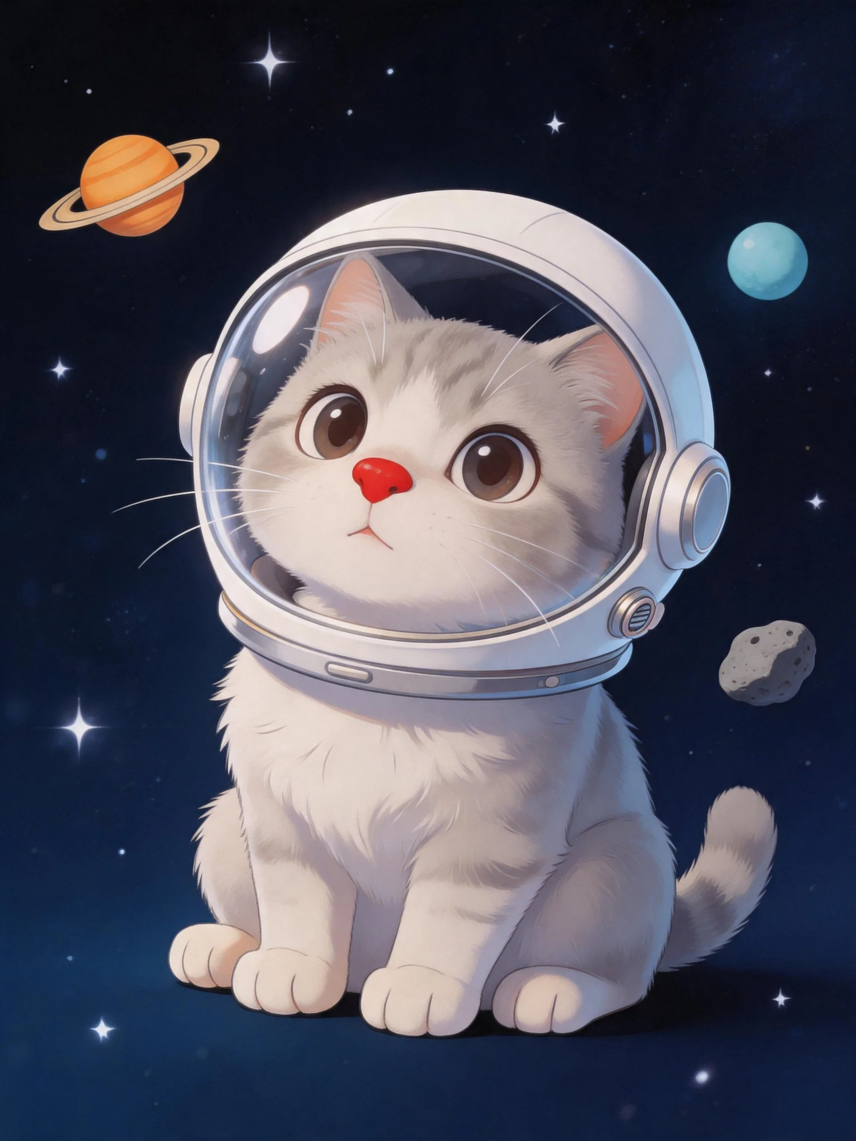 Fluffy white cat in astronaut helmet amidst space scenery