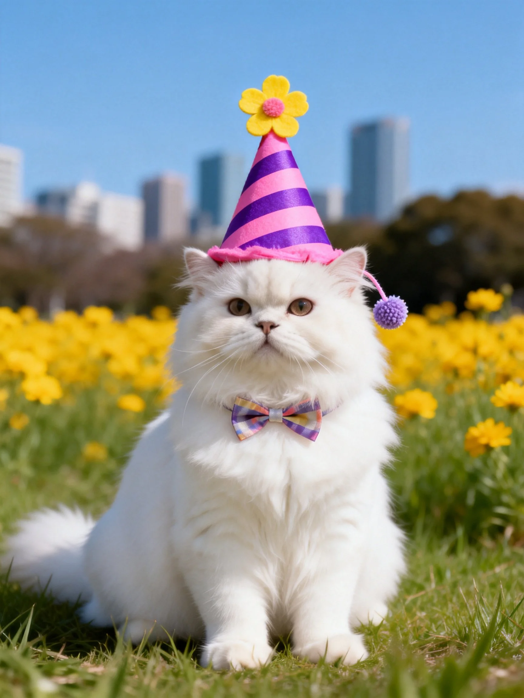 A fluffy white cat wears a festive hat while sitting among yellow flowers with a city skyline behind.