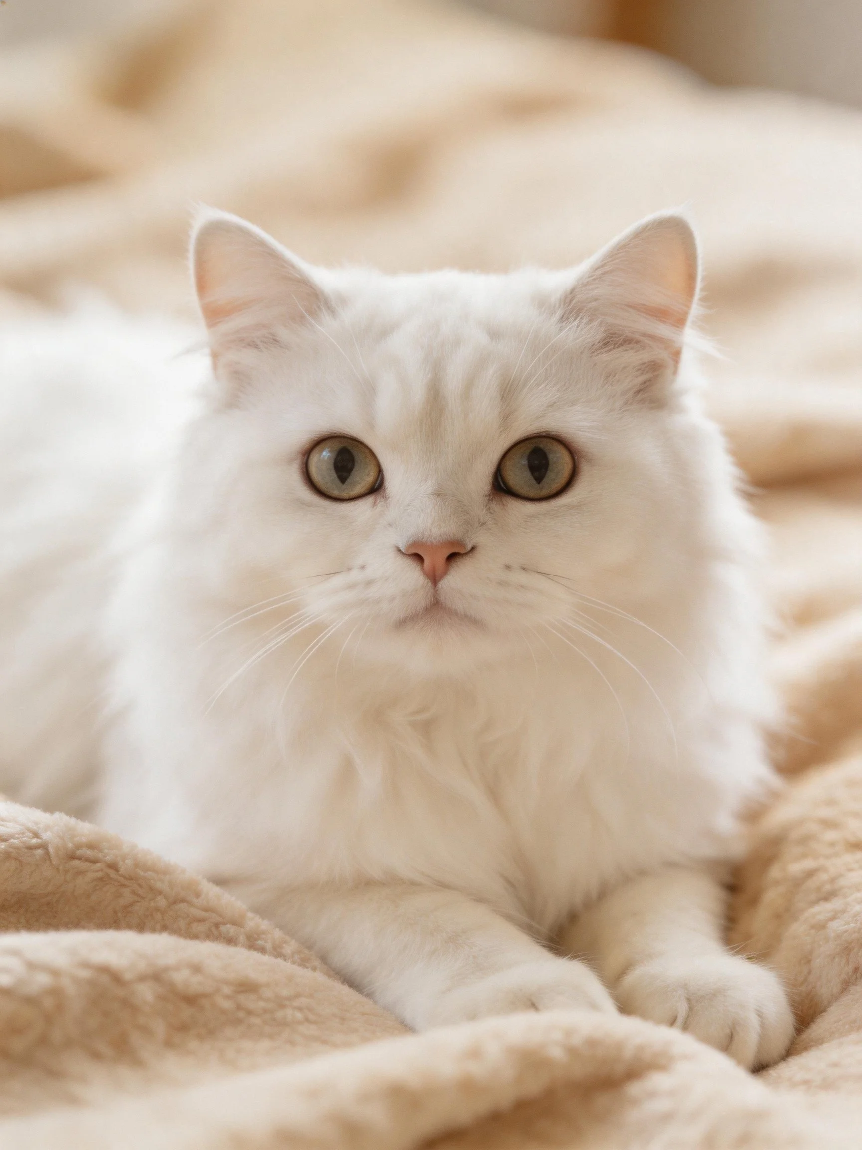 Fluffy white cat lying on a plush beige blanket