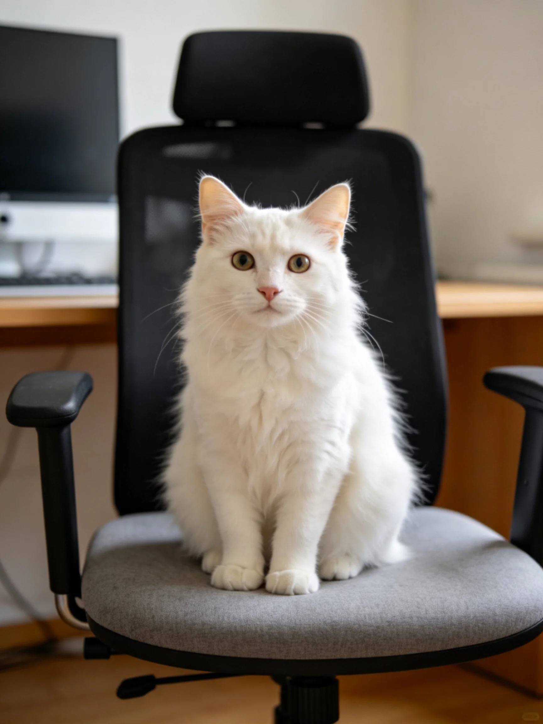 Fluffy white cat on a modern office chair