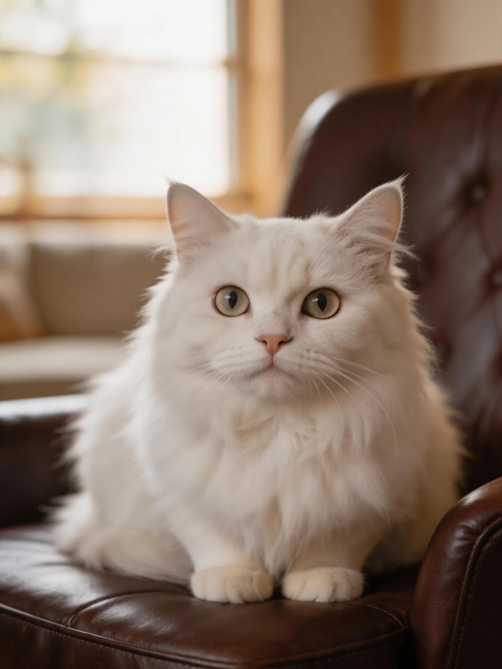 Fluffy white cat on brown leather chair indoors