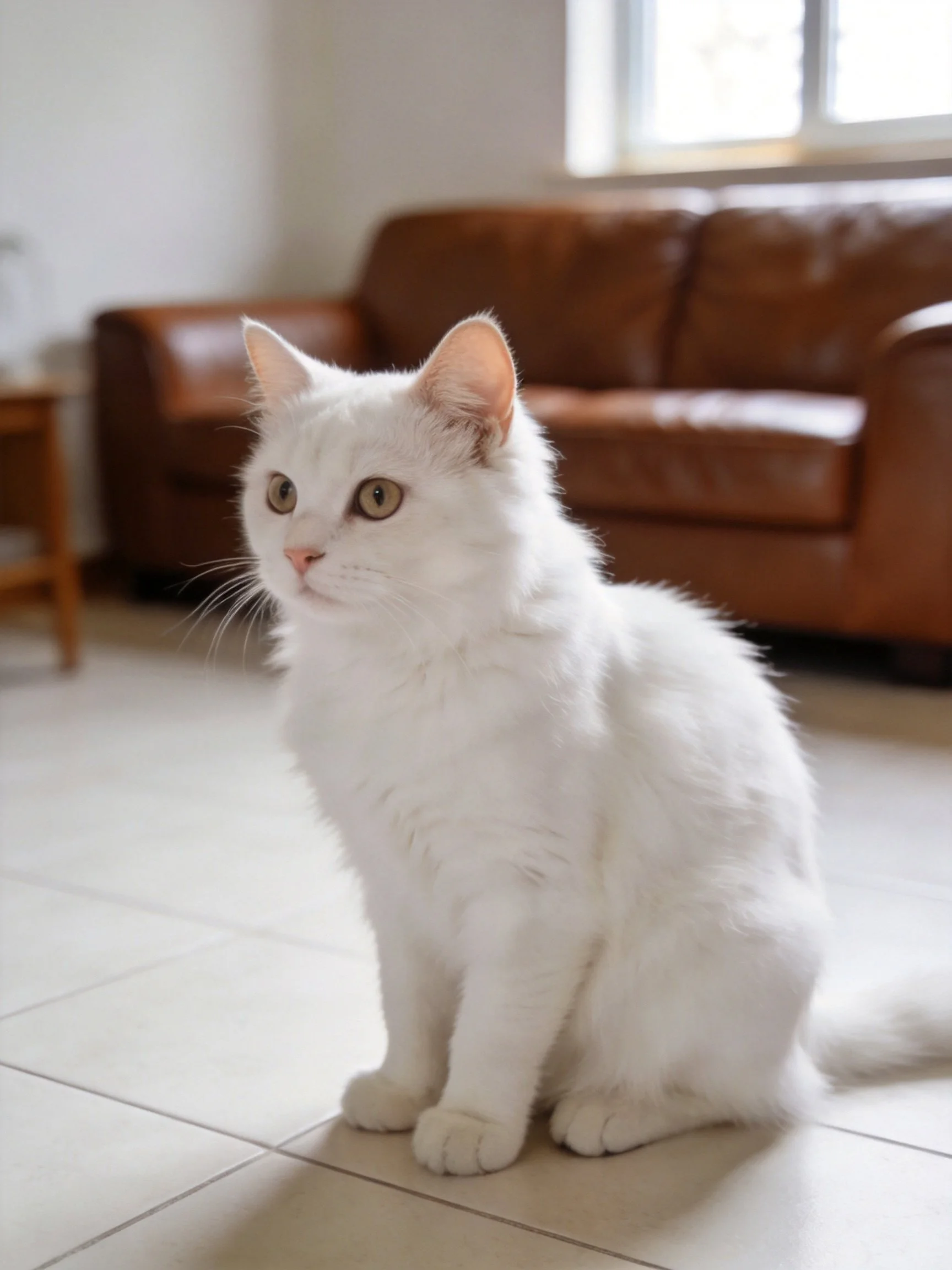 Fluffy white cat on tiled floor beside brown leather sofa