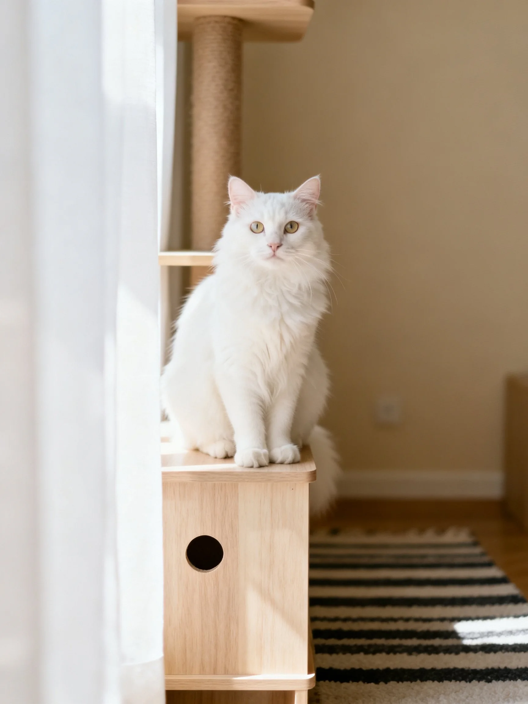 Fluffy white cat perched on wooden cat tower near sheer curtain