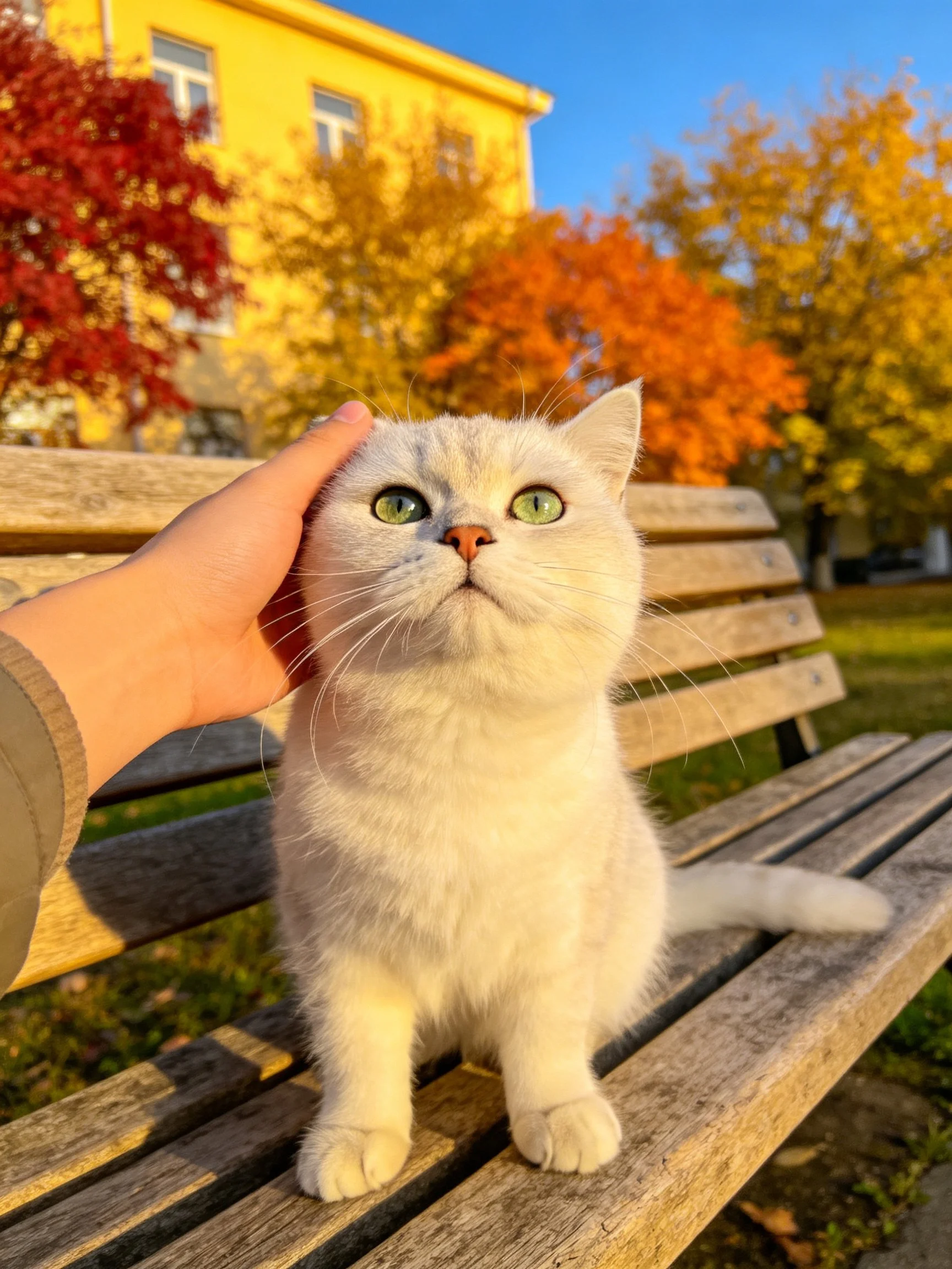 White cat on bench gets petted near autumn trees.