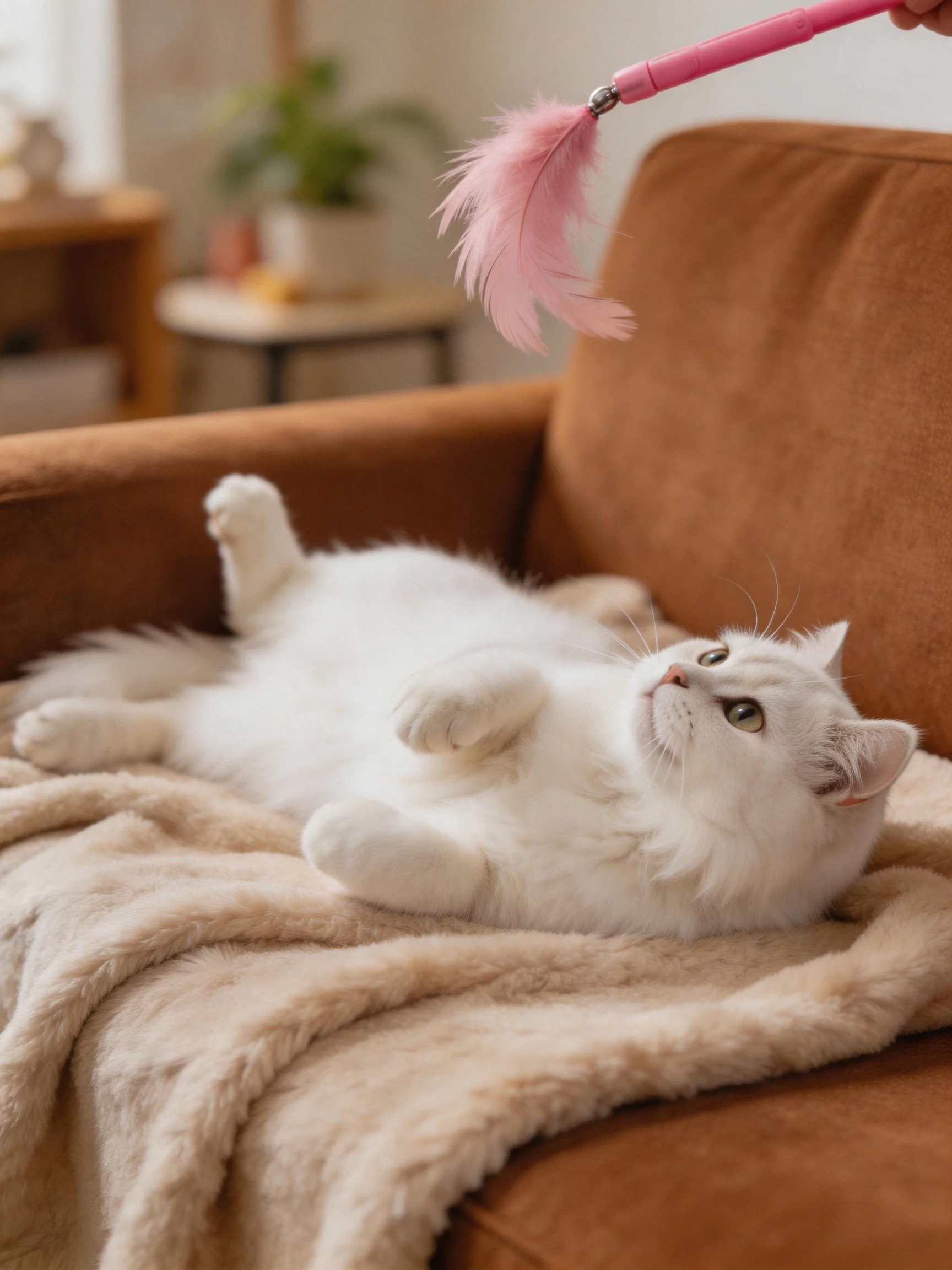 A white cat plays with a feather toy on a couch.