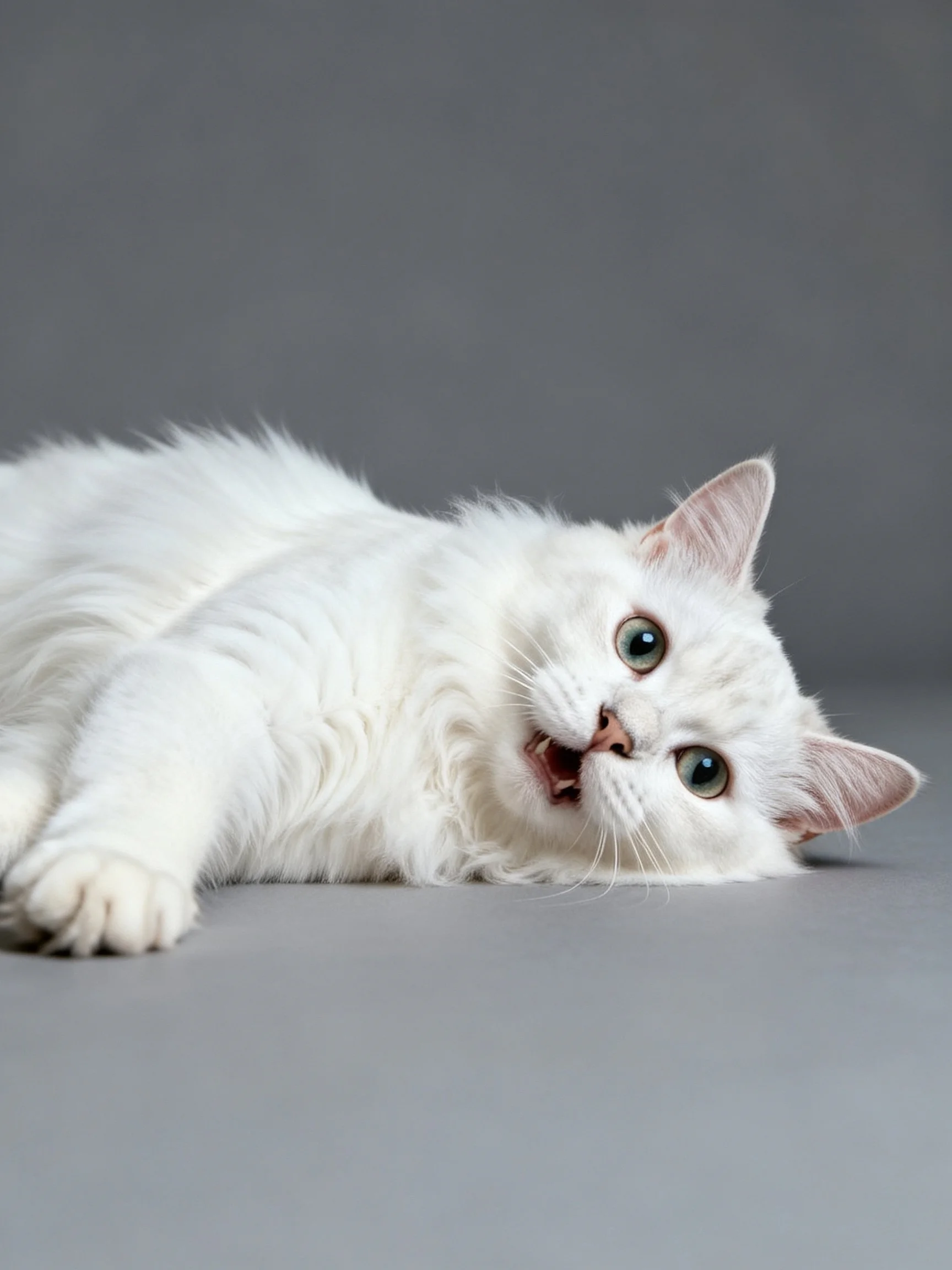 Fluffy white cat reclines on a smooth gray surface